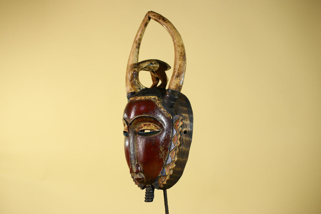 African Guro Horned Mask with Bird Crest Hand Carved Wall Art-G6130