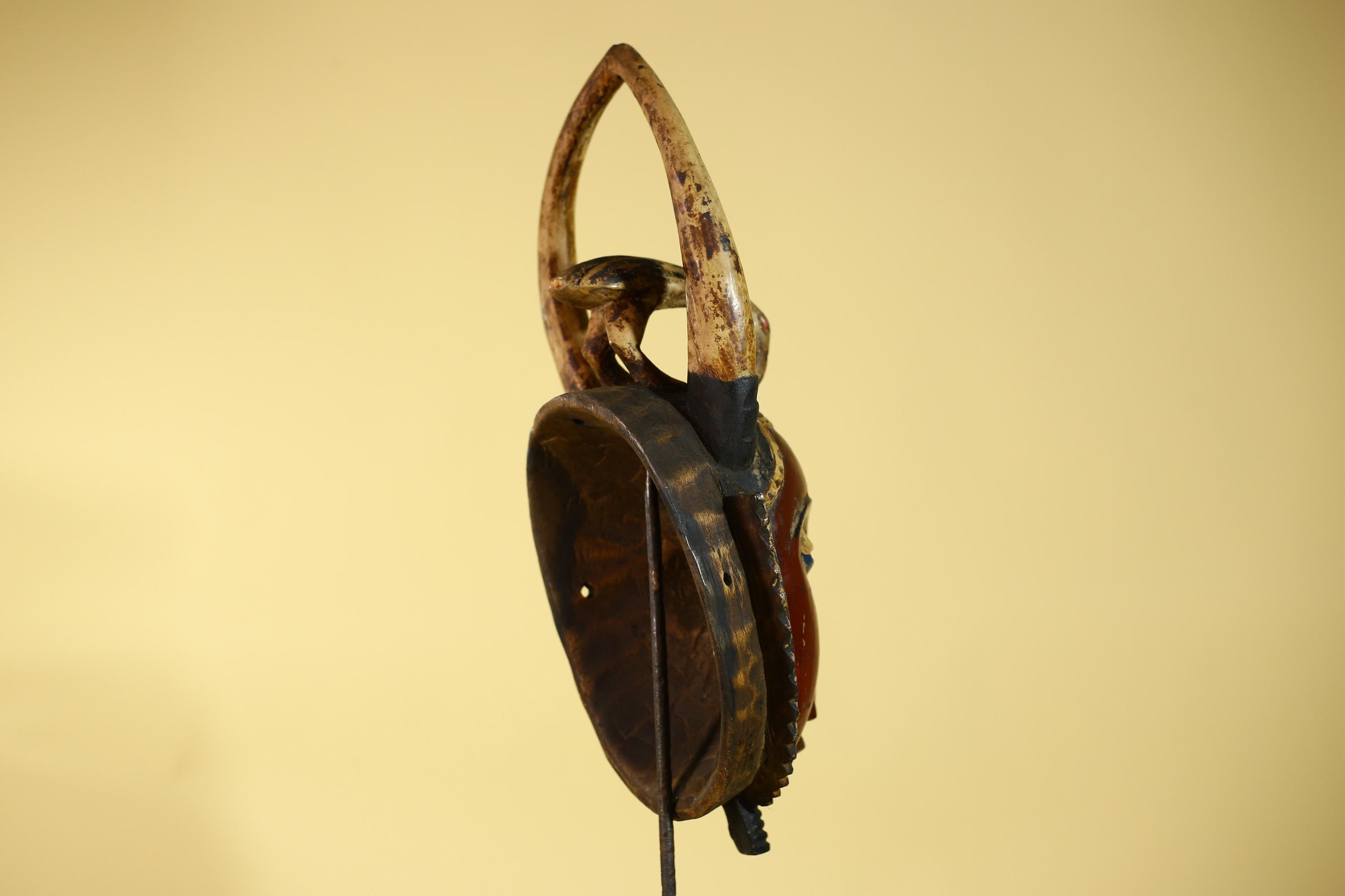 African Guro Horned Mask with Bird Crest Hand Carved Wall Art-G6130