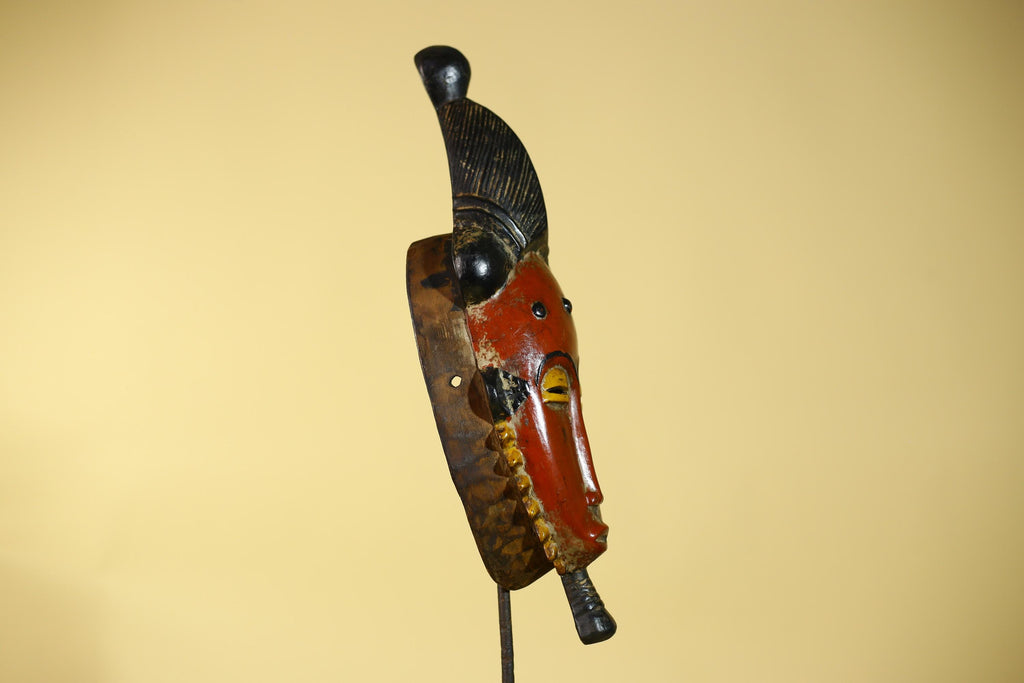 African Mask Baule Style With Tall Crest Wooden Tribal Wall Art Vintage-G6132