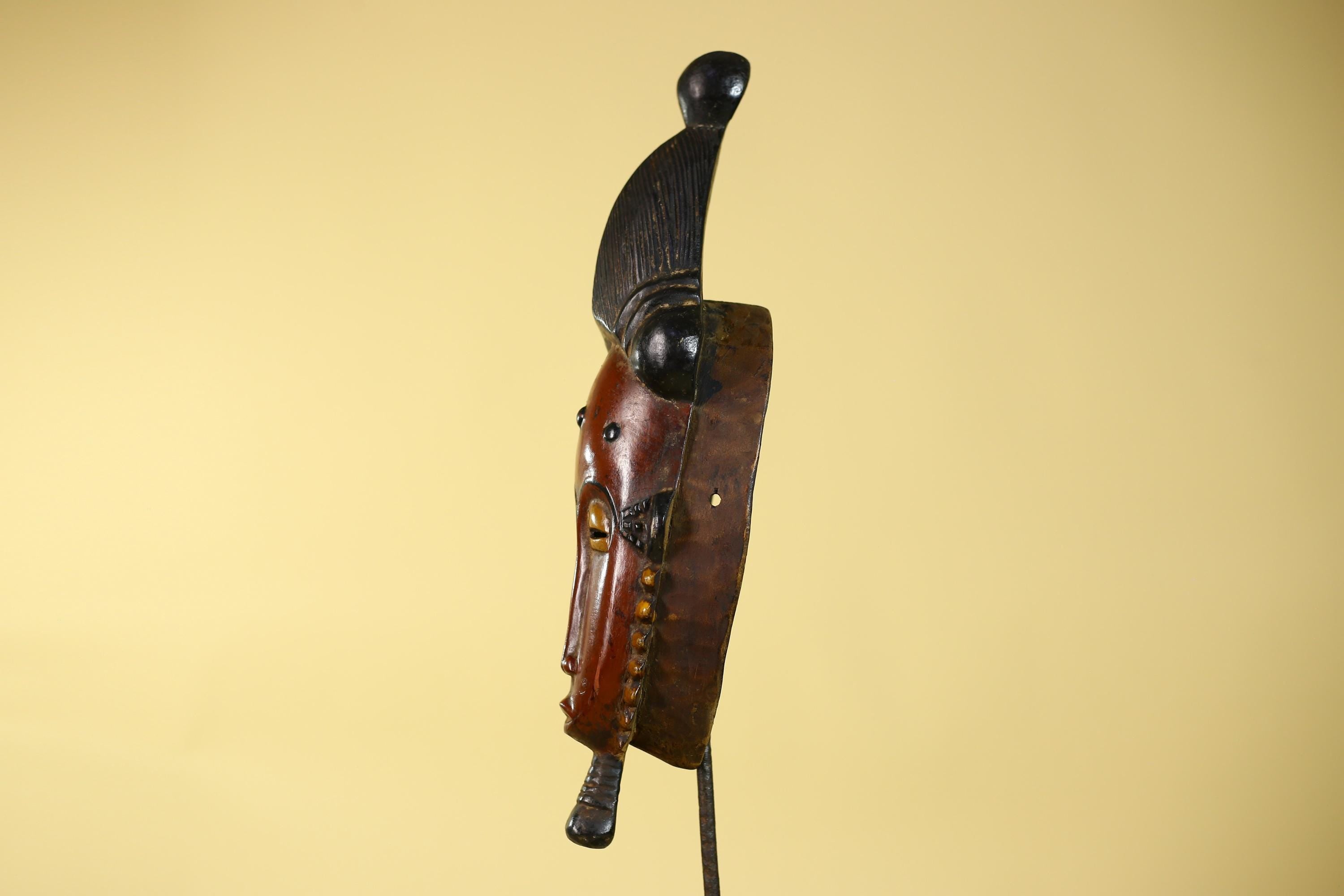 African Mask Baule Style With Tall Crest Wooden Tribal Wall Art Vintage-G6132