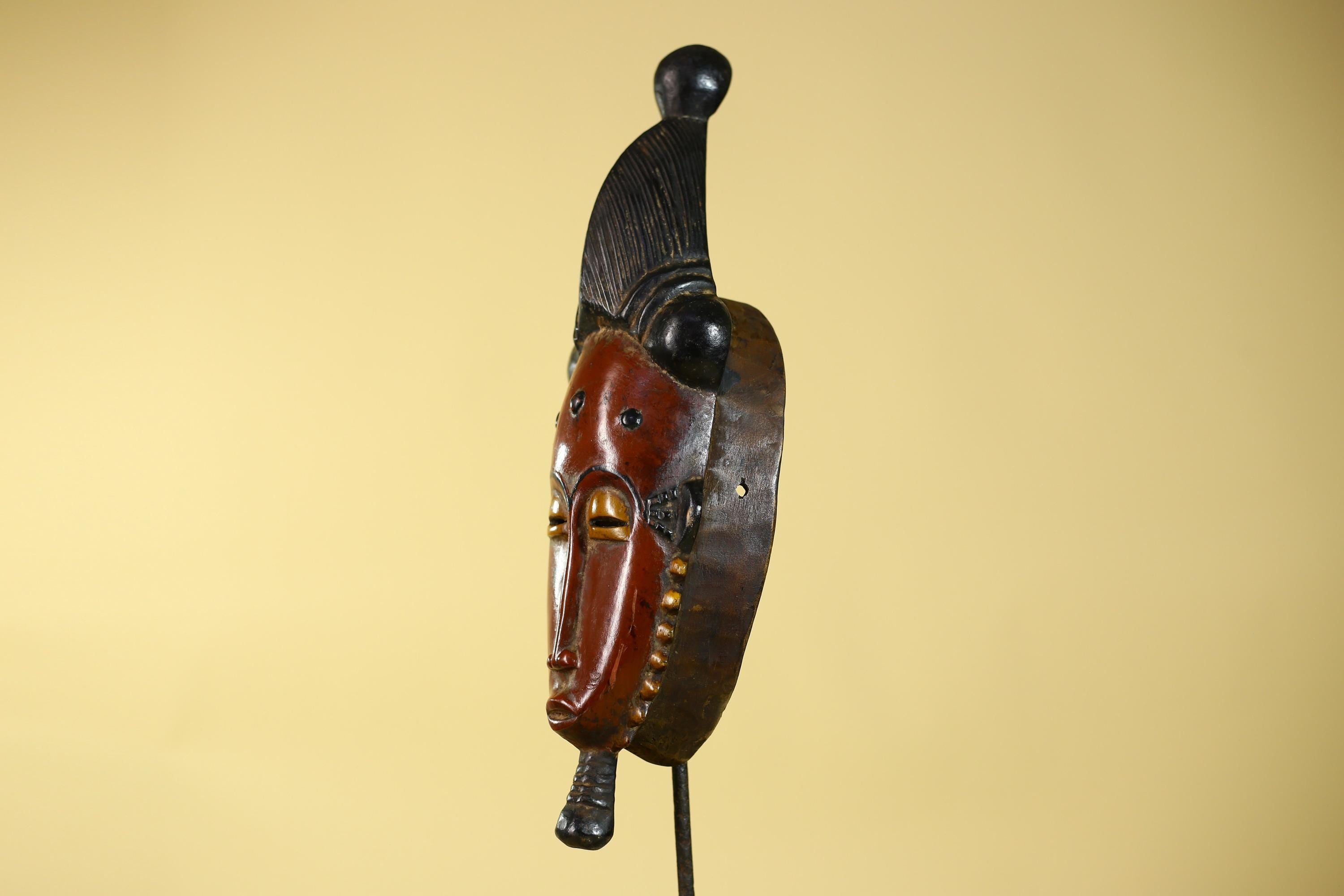 African Mask Baule Style With Tall Crest Wooden Tribal Wall Art Vintage-G6132