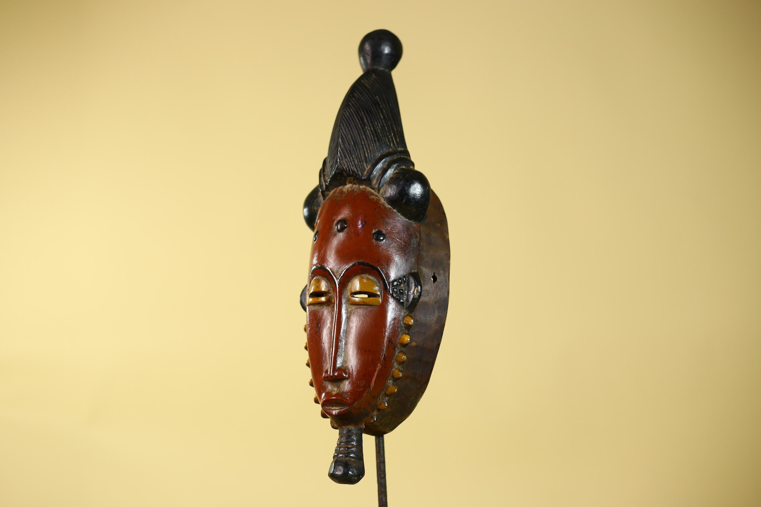 African Mask Baule Style With Tall Crest Wooden Tribal Wall Art Vintage-G6132