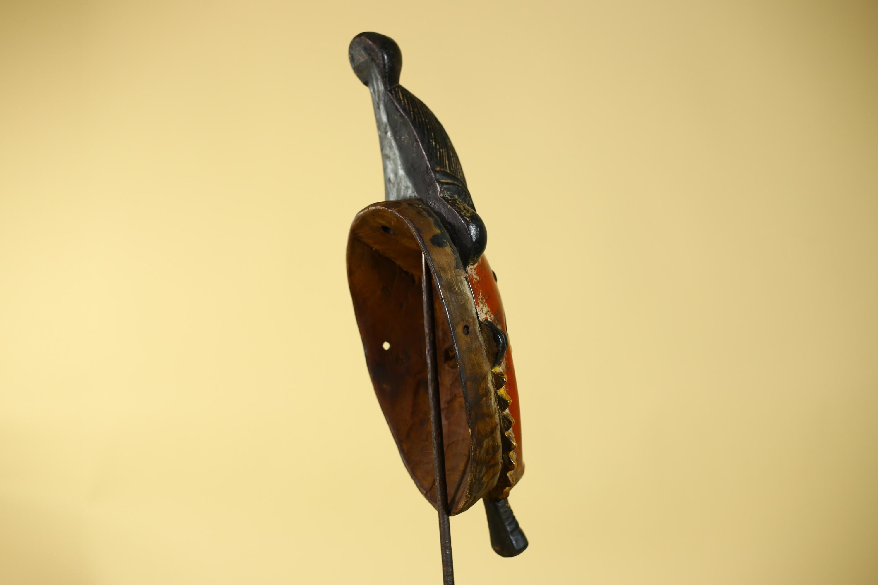 African Mask Baule Style With Tall Crest Wooden Tribal Wall Art Vintage-G6132