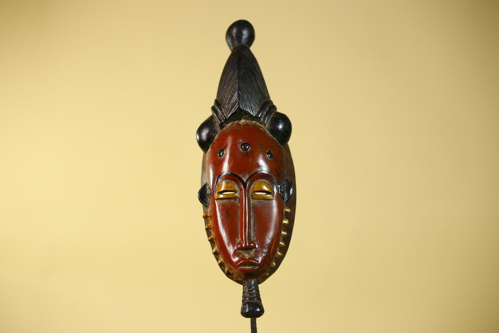 African Mask Baule Style With Tall Crest Wooden Tribal Wall Art Vintage-G6132