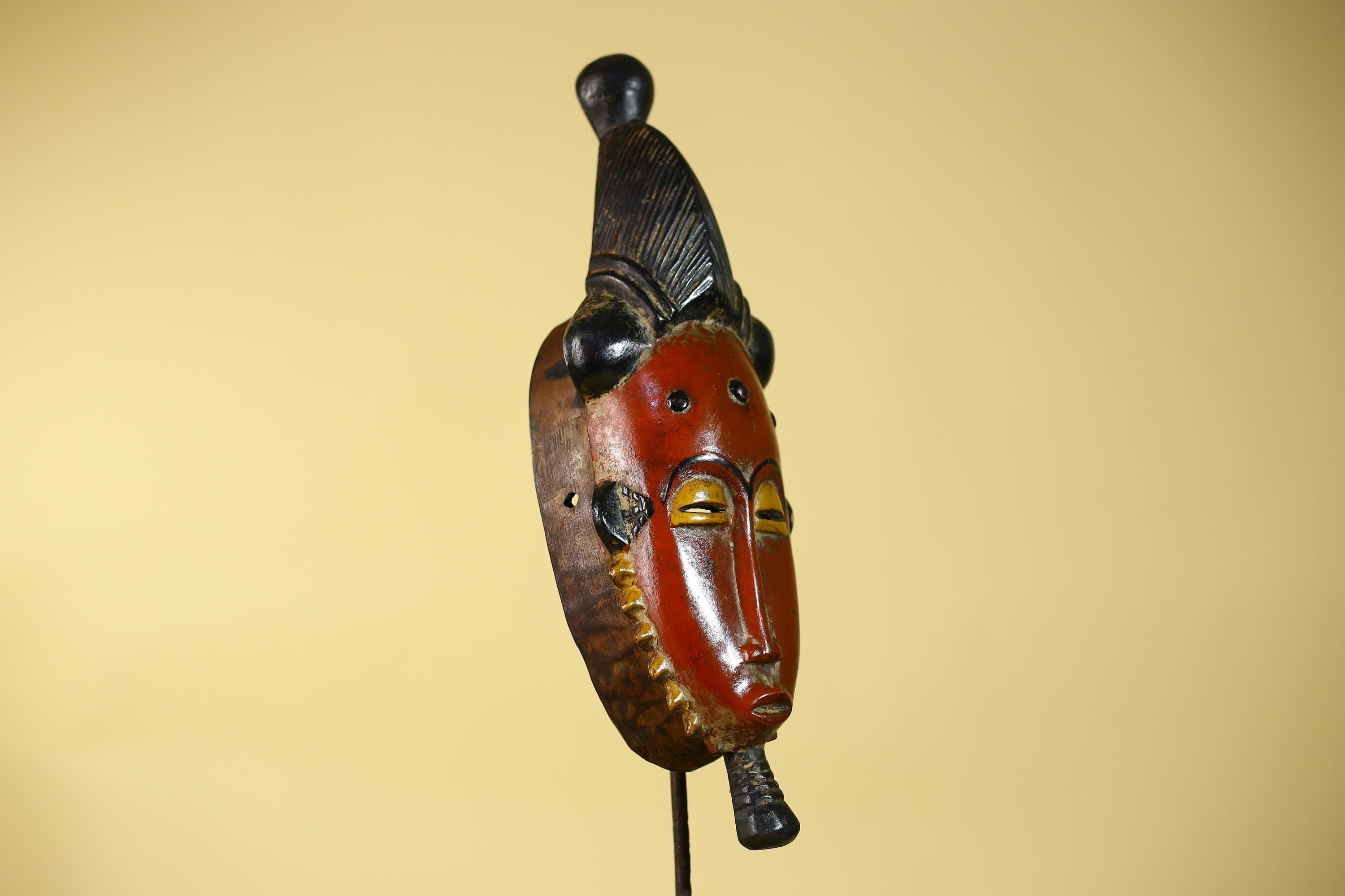 African Mask Baule Style With Tall Crest Wooden Tribal Wall Art Vintage-G6132