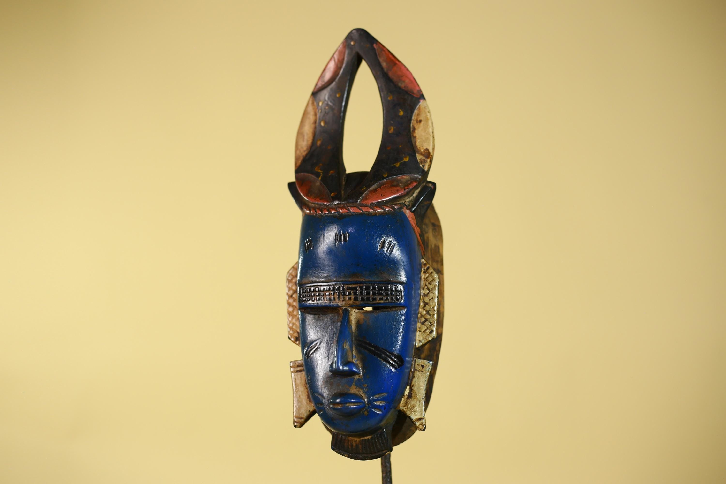 African Mask Blue Face Horned Crest | Wooden Art Tribal Wall Decor-G6133
