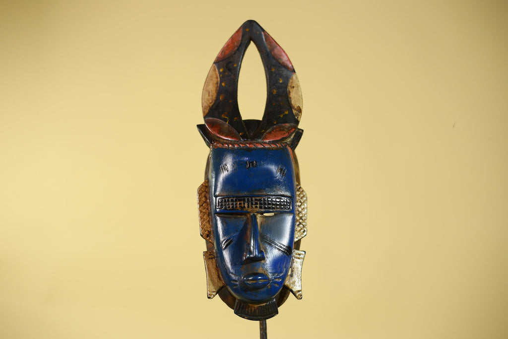 African Mask Blue Face Horned Crest | Wooden Art Tribal Wall Decor-G6133
