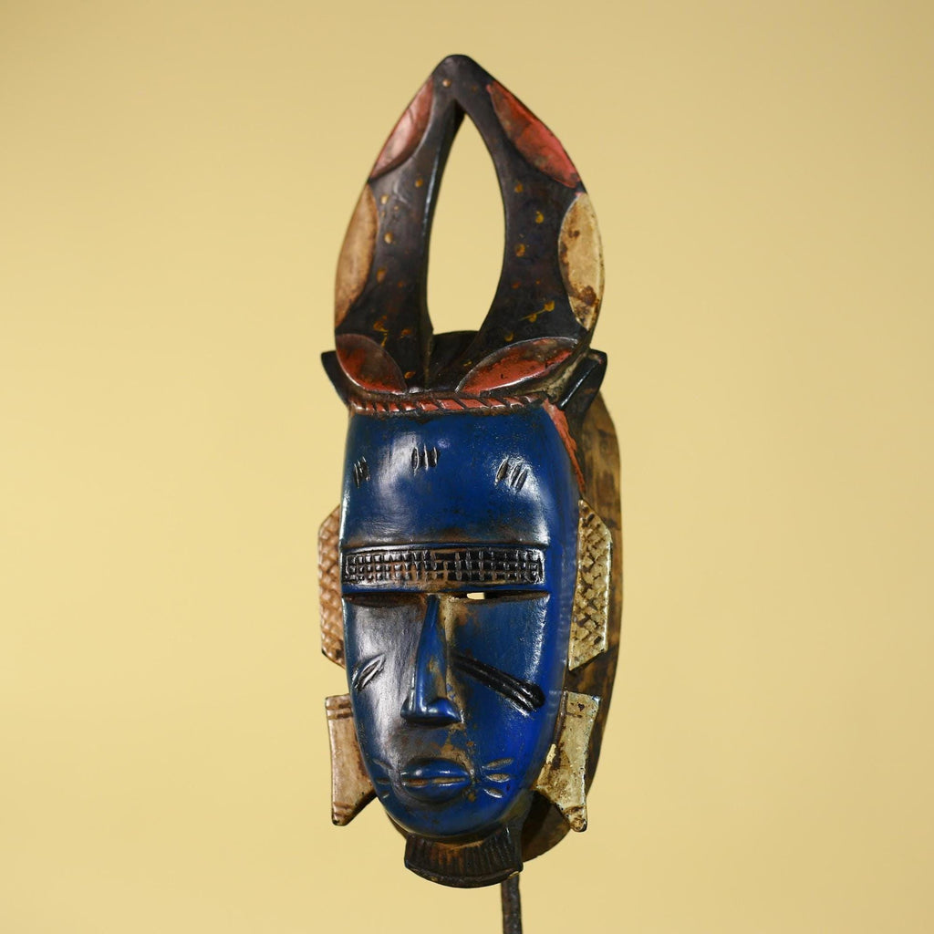 African Mask Blue Face Horned Crest | Wooden Art Tribal Wall Decor-G6133
