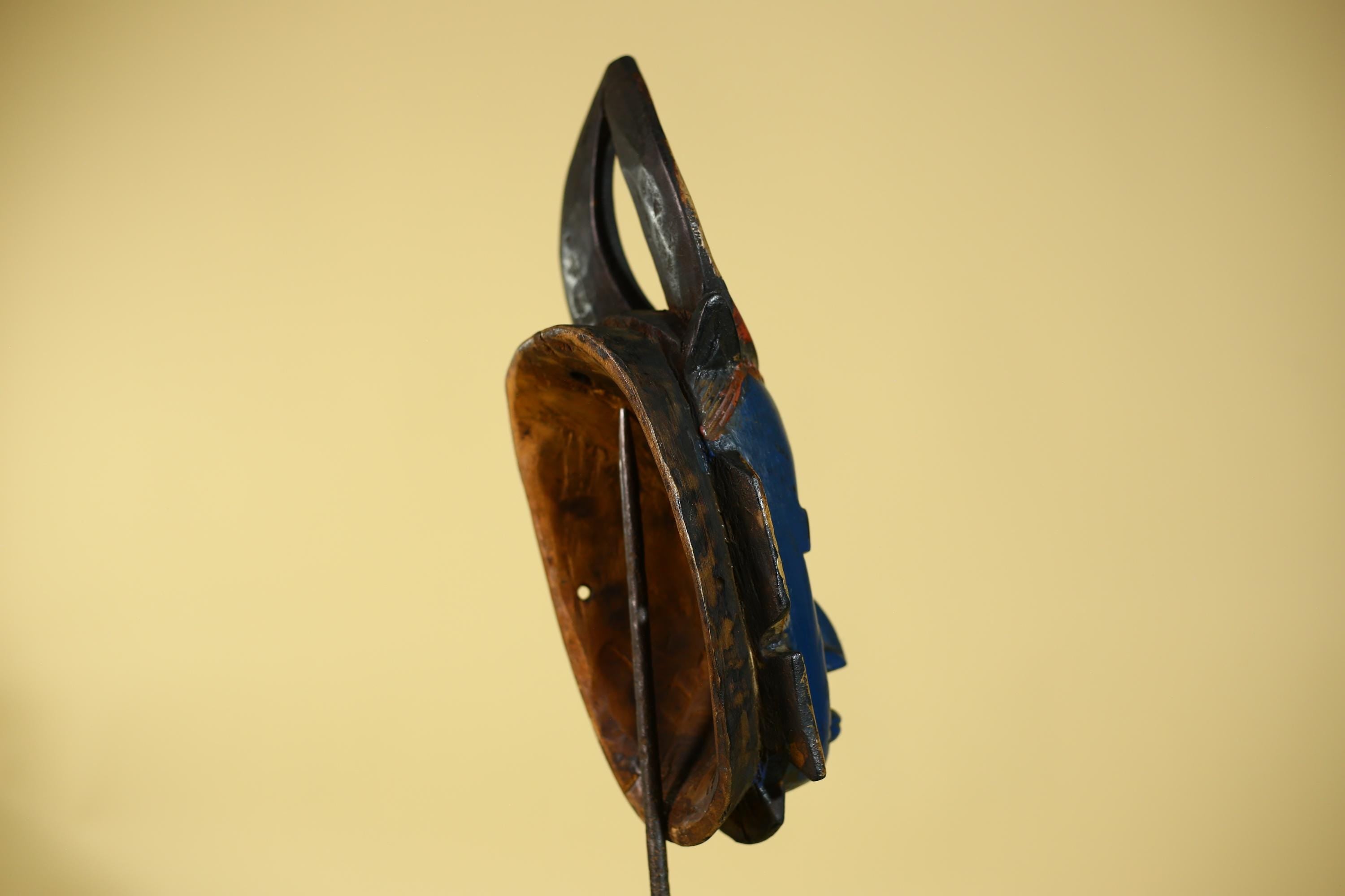 African Mask Blue Face Horned Crest | Wooden Art Tribal Wall Decor-G6133