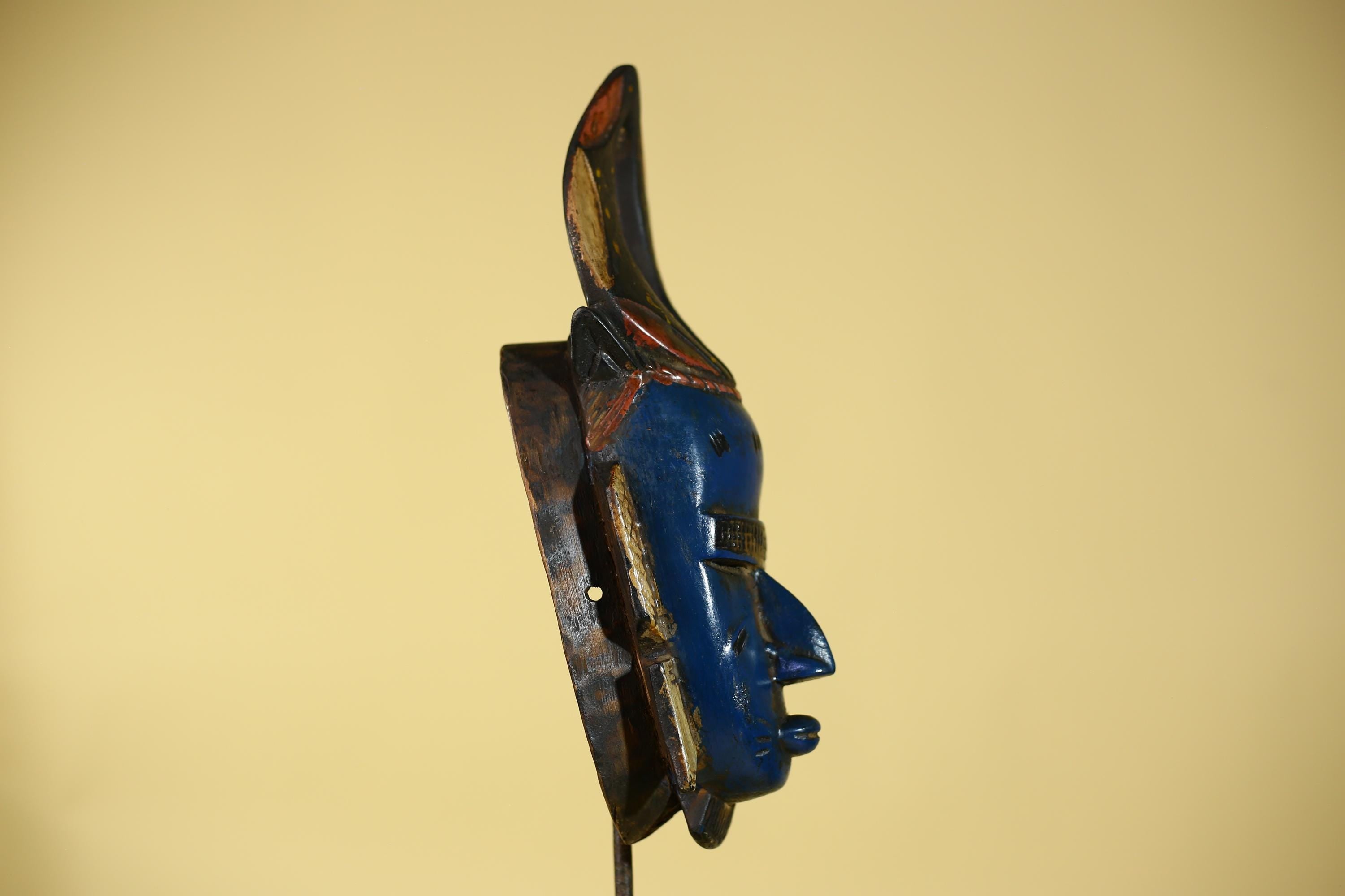 African Mask Blue Face Horned Crest | Wooden Art Tribal Wall Decor-G6133
