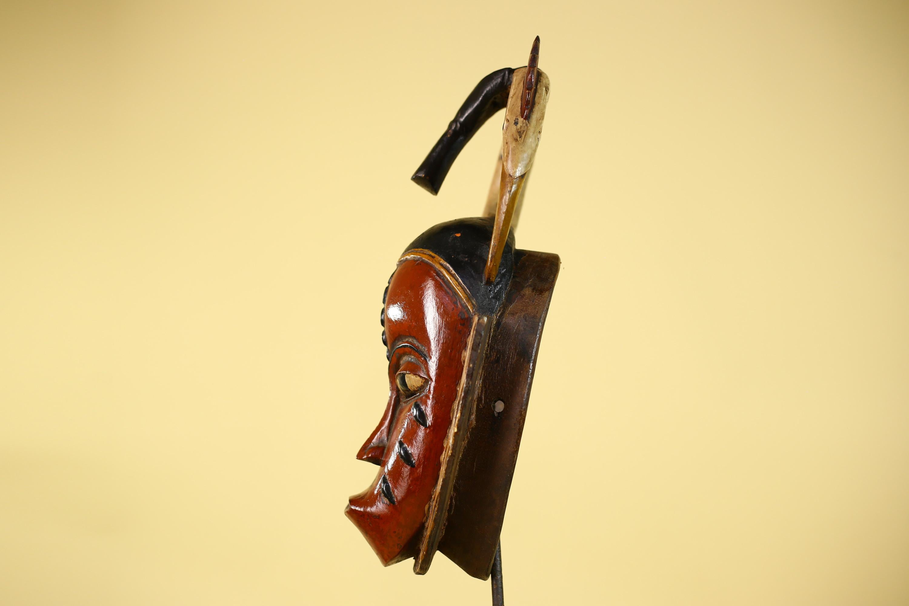 African Mask Baule Tribal Art Red Wooden Wall Decor Vintage-G6136