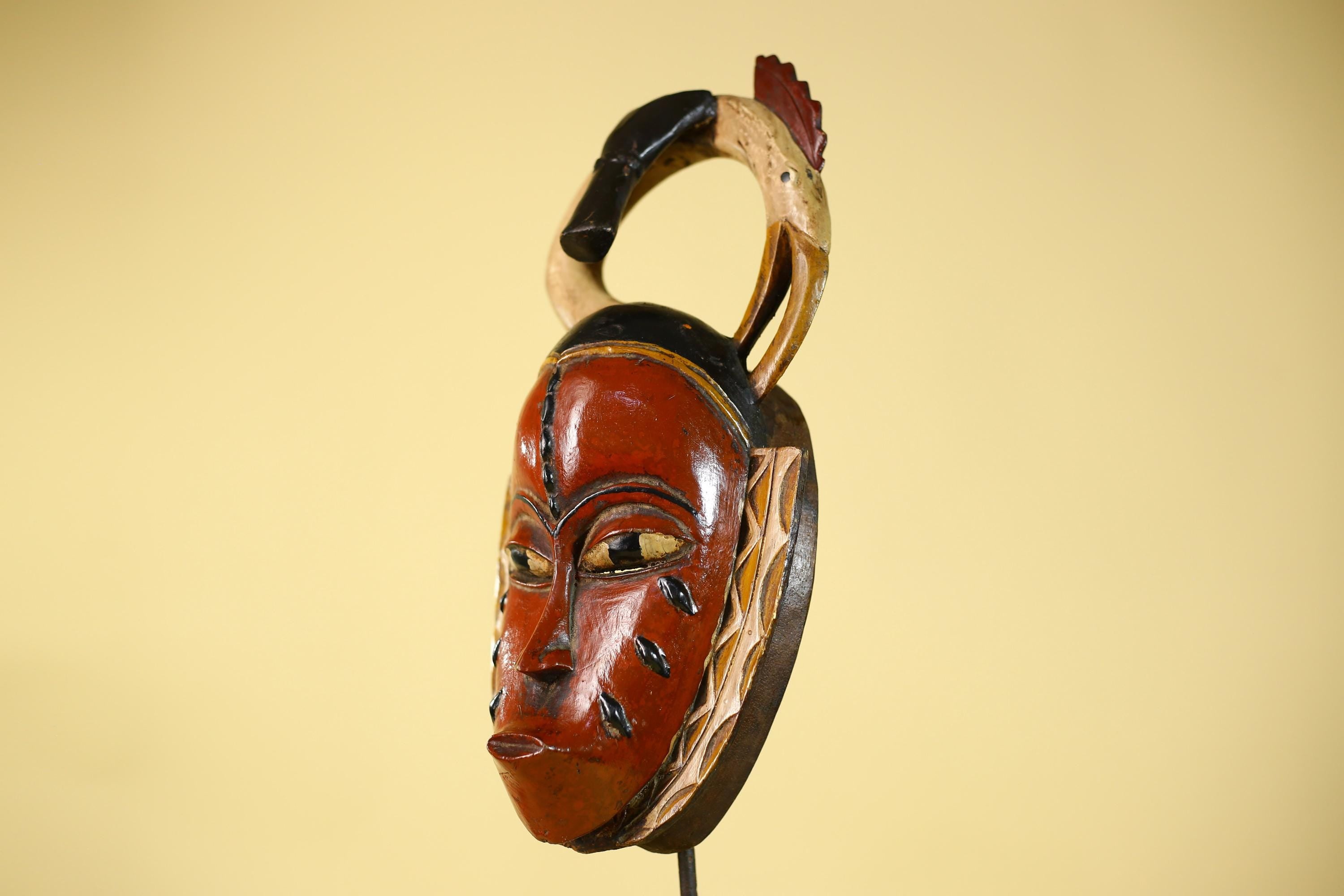 African Mask Baule Tribal Art Red Wooden Wall Decor Vintage-G6136