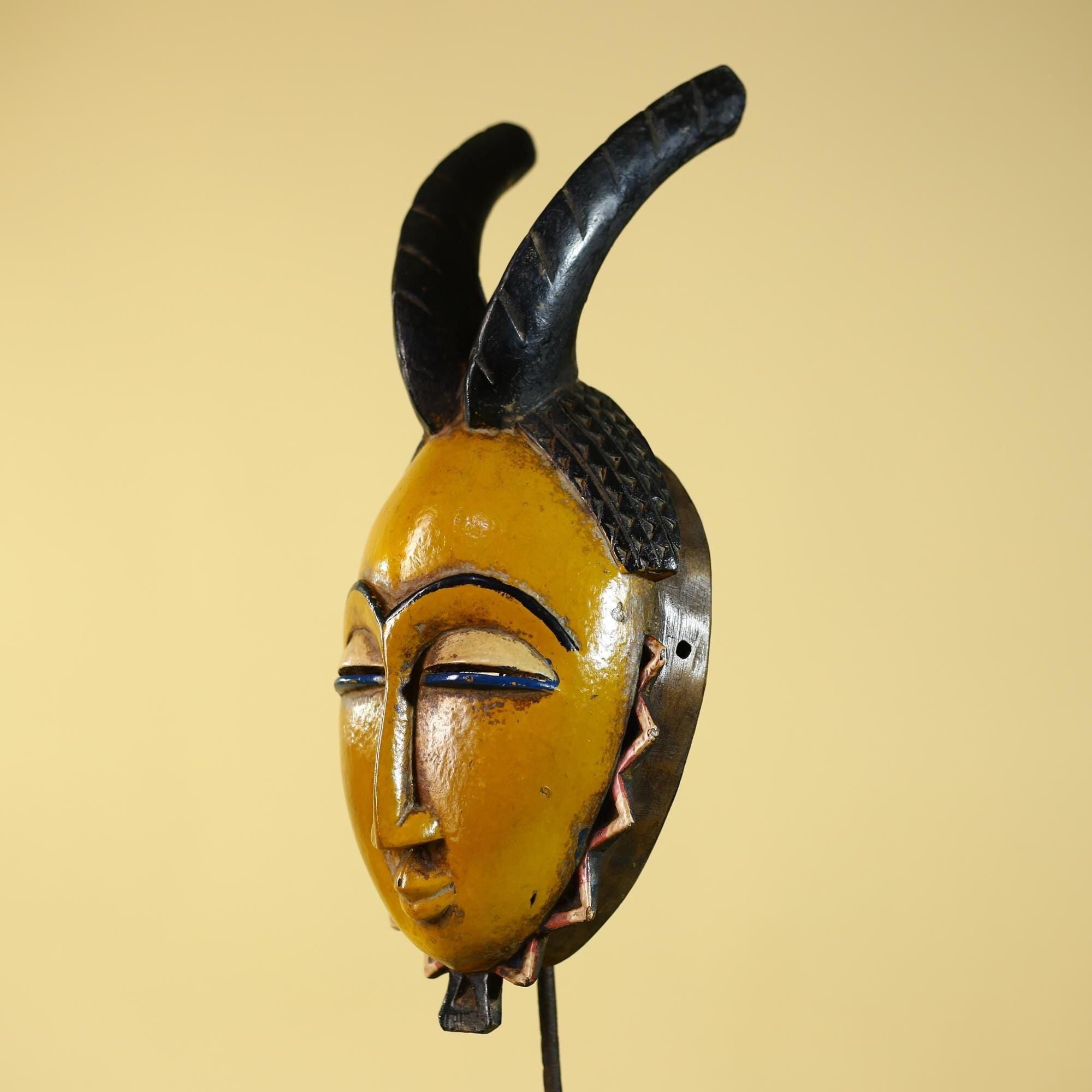 African Mask Baule Tribal Art Yellow Wooden Wall Decor Vintage- Côte d’Ivoire-G6137