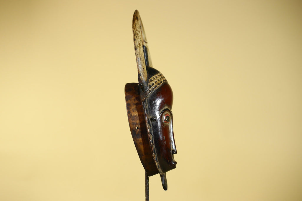 Vintage Baule African Mask: Dark Wood Horned Tribal Wall Art-G6138
