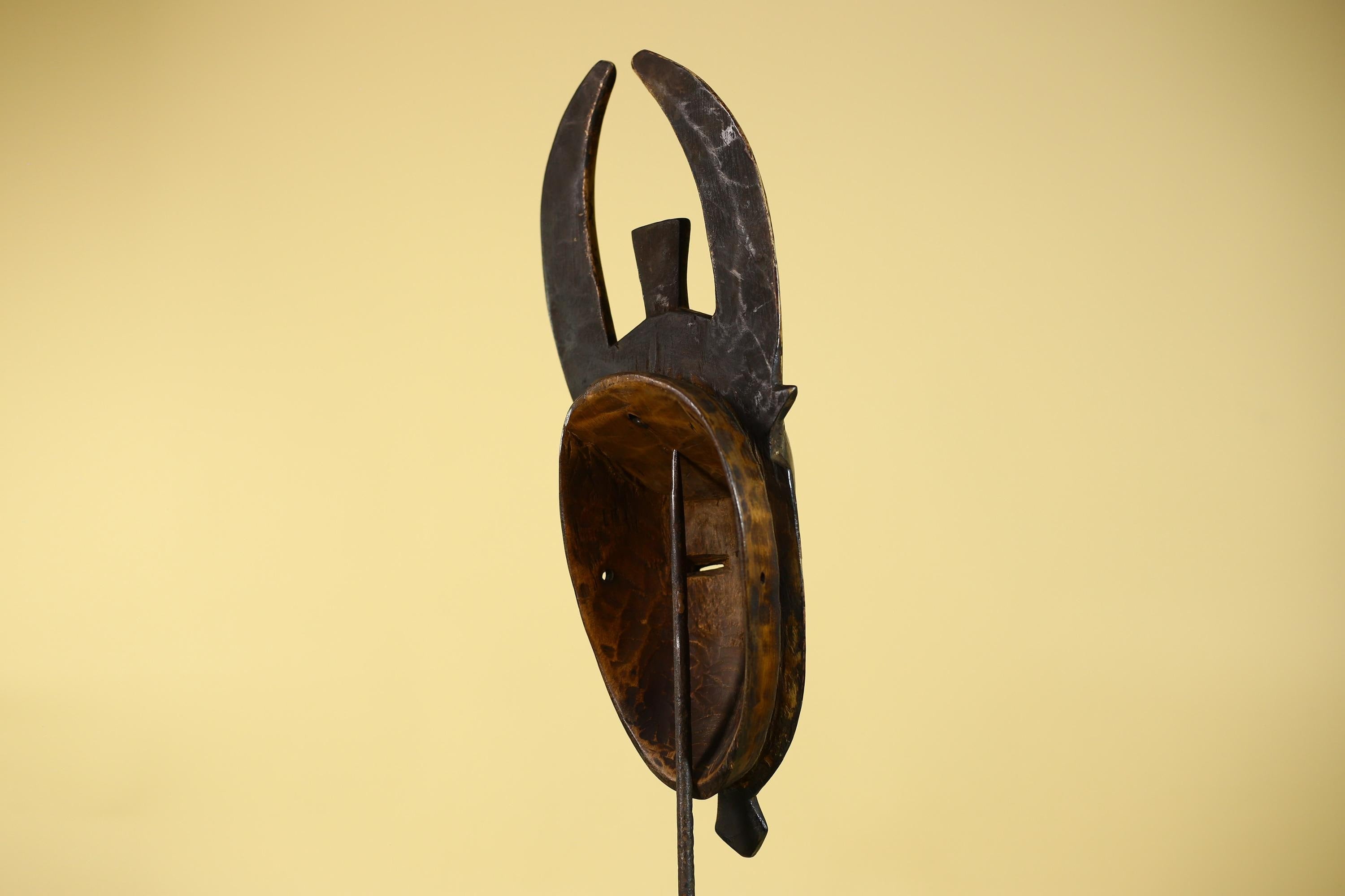 Vintage Baule African Mask: Dark Wood Horned Tribal Wall Art-G6138