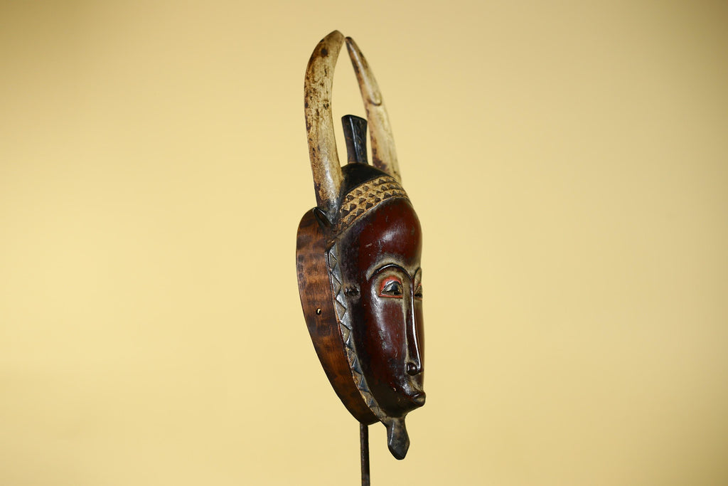 Vintage Baule African Mask: Dark Wood Horned Tribal Wall Art-G6138