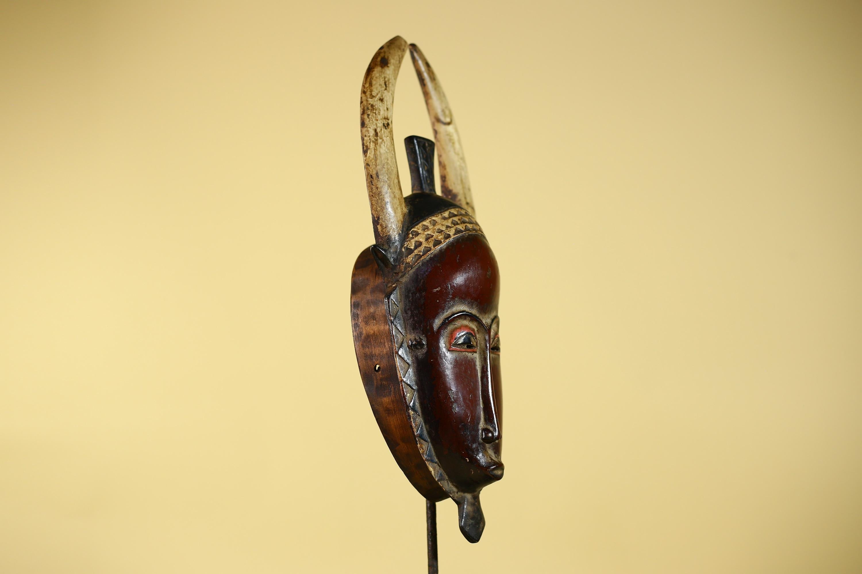 Vintage Baule African Mask: Dark Wood Horned Tribal Wall Art-G6138
