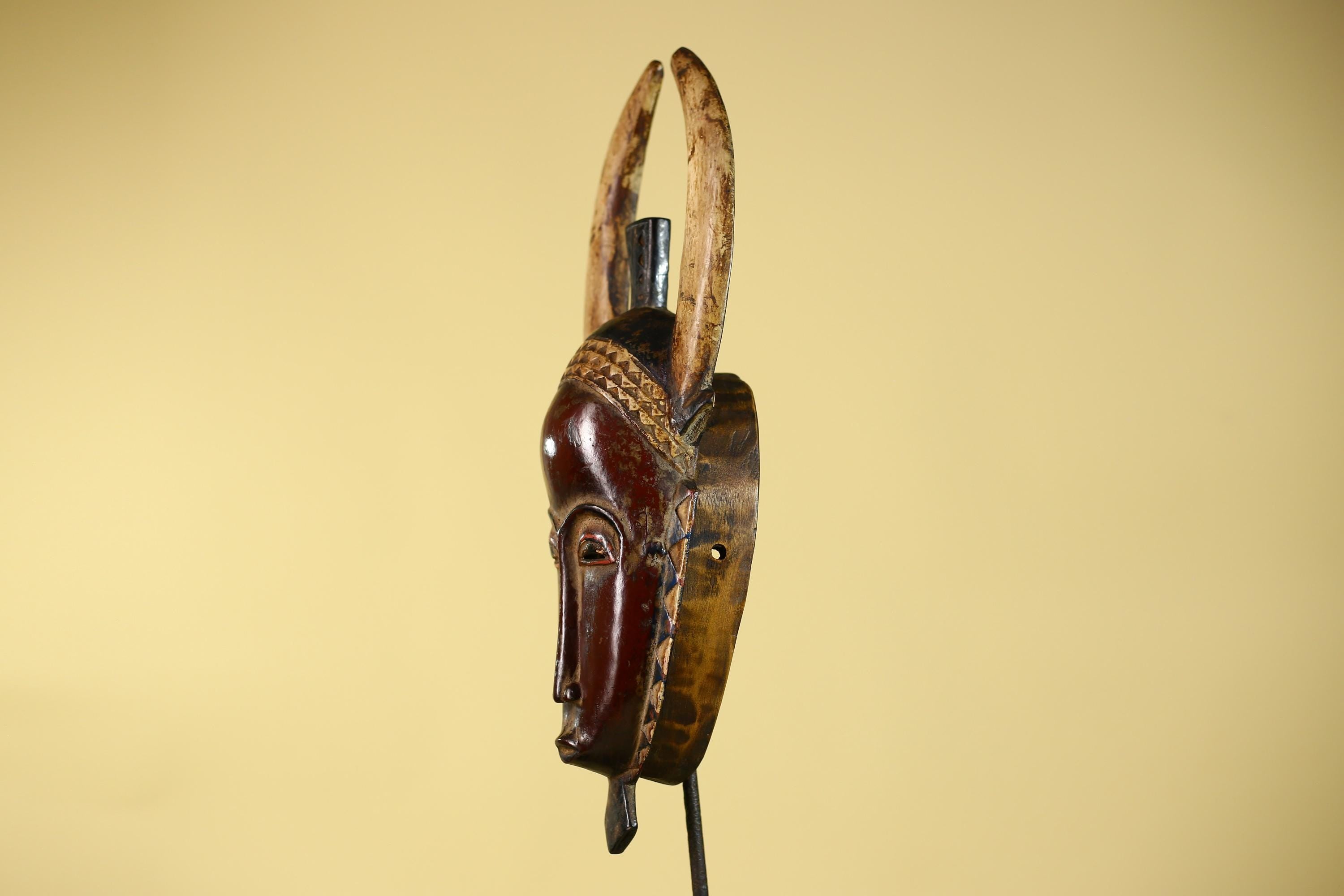 Vintage Baule African Mask: Dark Wood Horned Tribal Wall Art-G6138