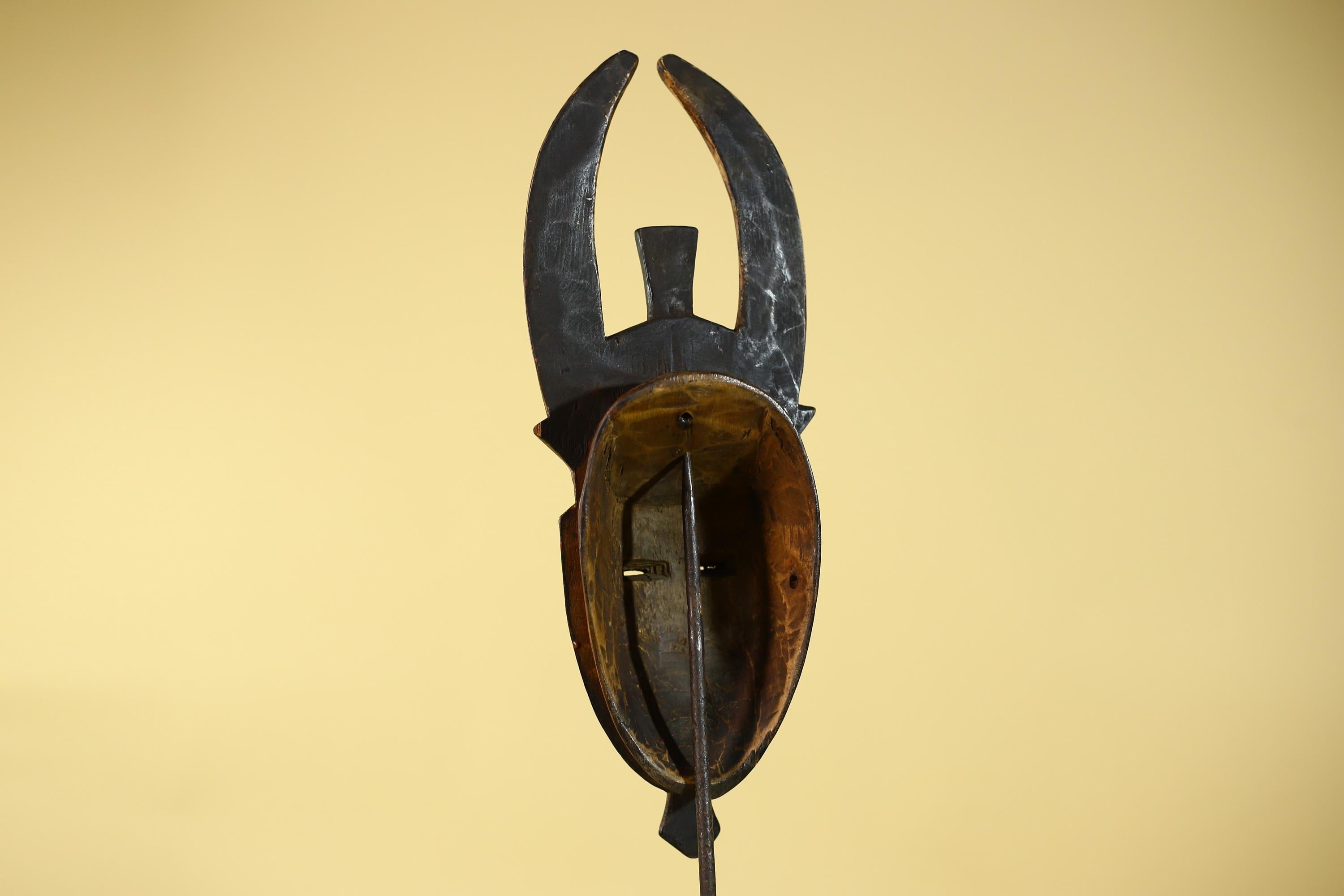 Vintage Baule African Mask: Dark Wood Horned Tribal Wall Art-G6138