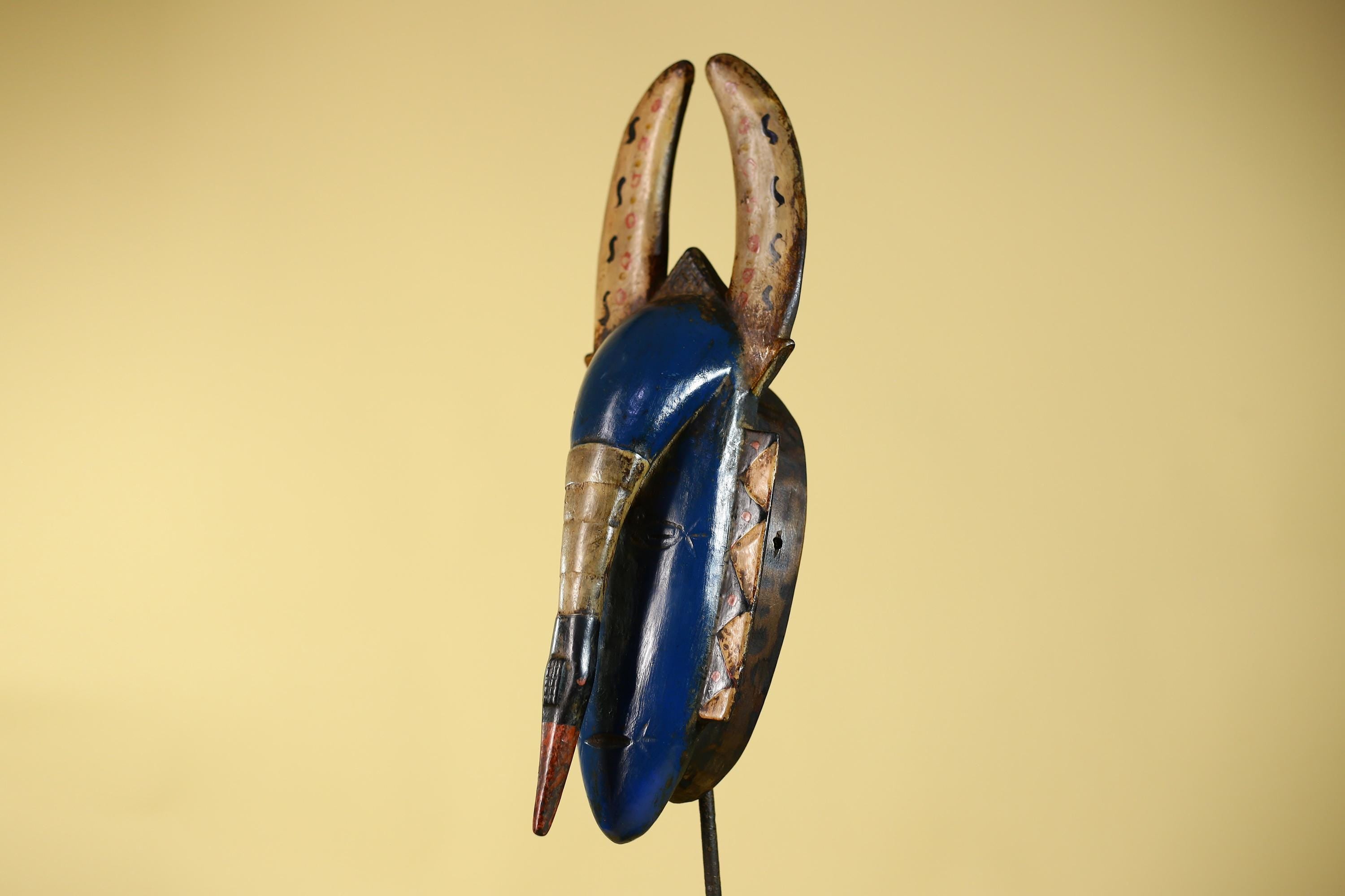 African Mask Horned Blue Wooden Tribal Art Vintage African Wall Decor-G6139