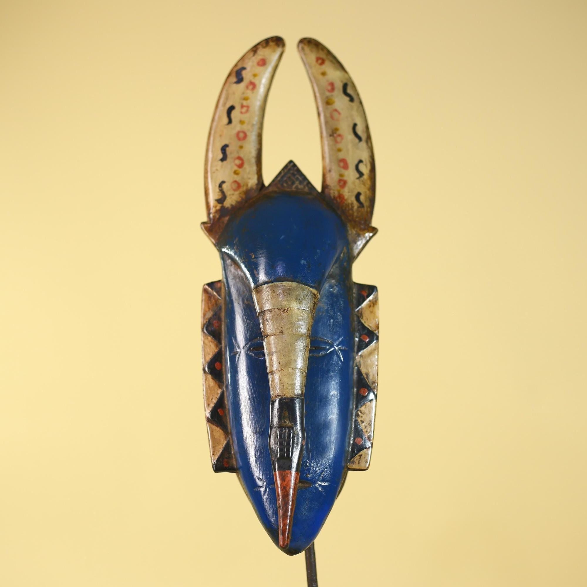 African Mask Horned Blue Wooden Tribal Art Vintage African Wall Decor-G6139