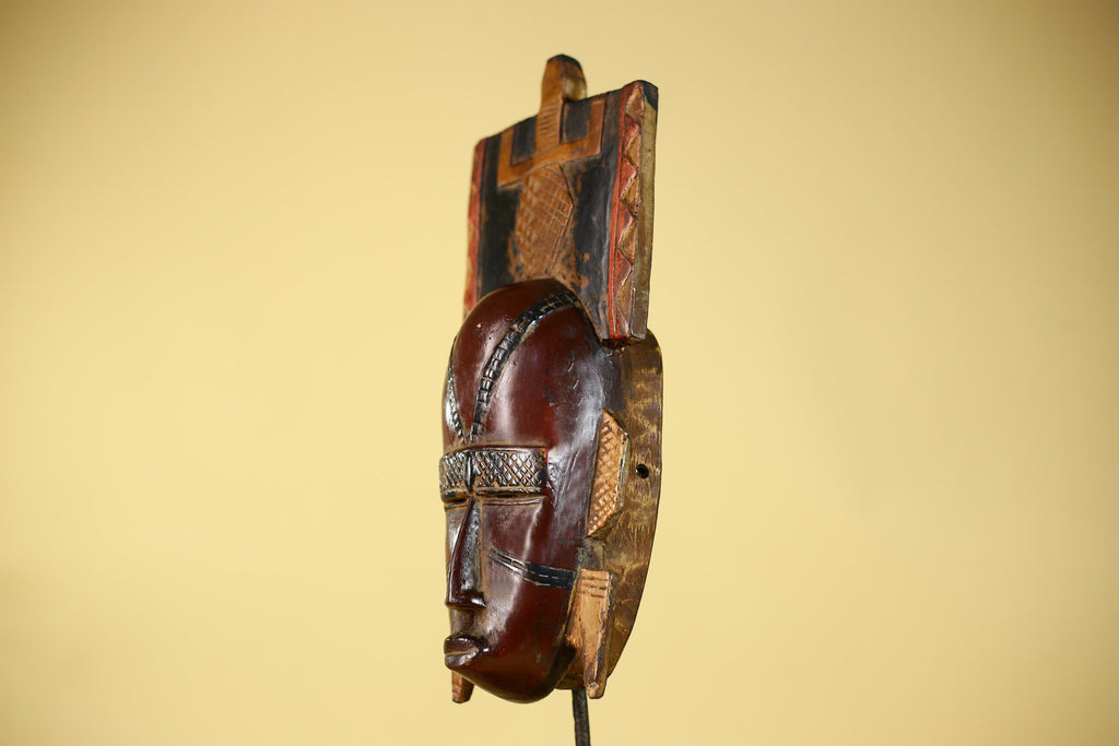Antique African Guro Wood Mask with Geometric Carved and Rectangular Crest-G6145