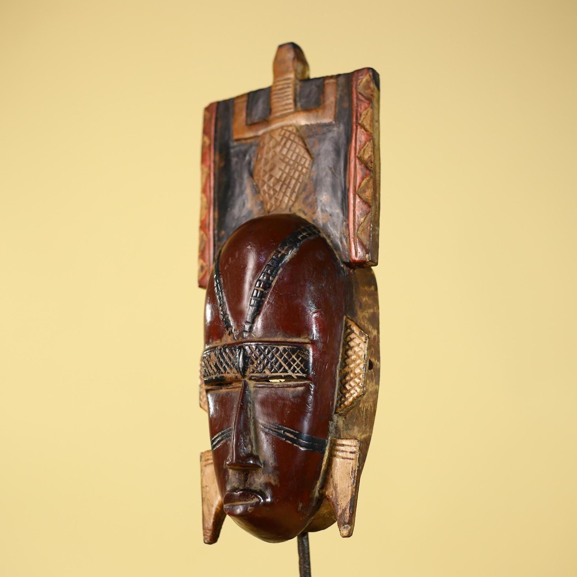 Antique African Guro Wood Mask with Geometric Carved and Rectangular Crest-G6145