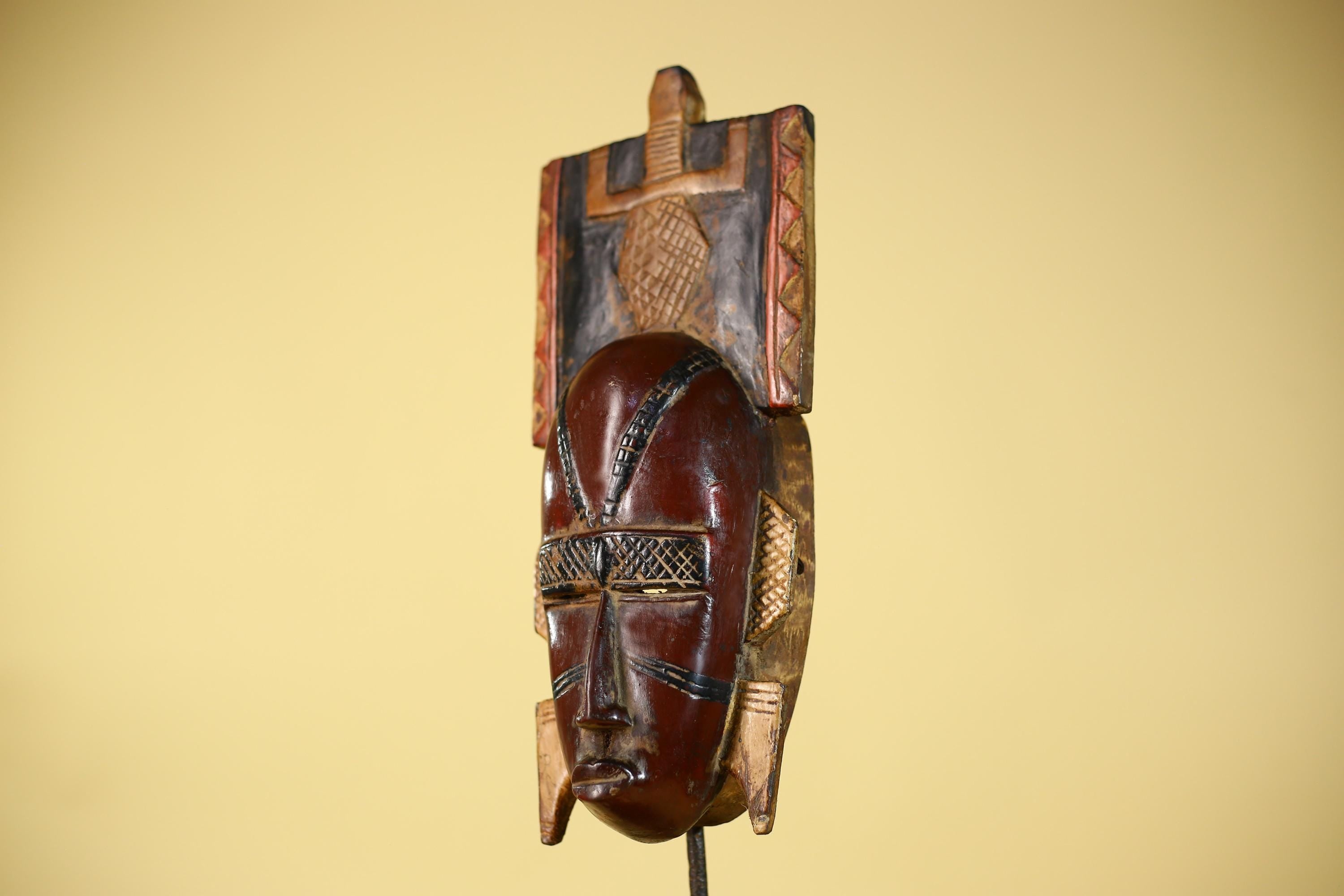 Antique African Guro Wood Mask with Geometric Carved and Rectangular Crest-G6145