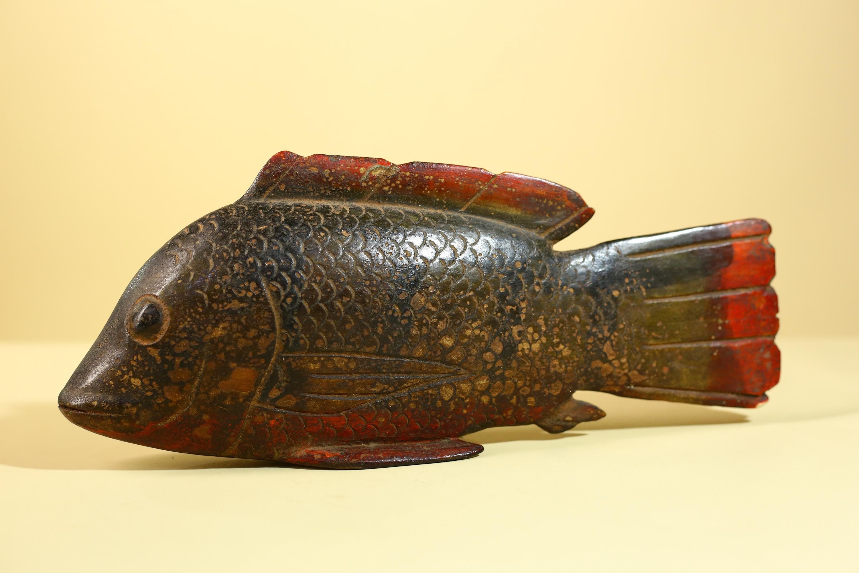 African Hand Carved Wooden Fish Sculpture, Vintage Tribal Art Decor-G6227