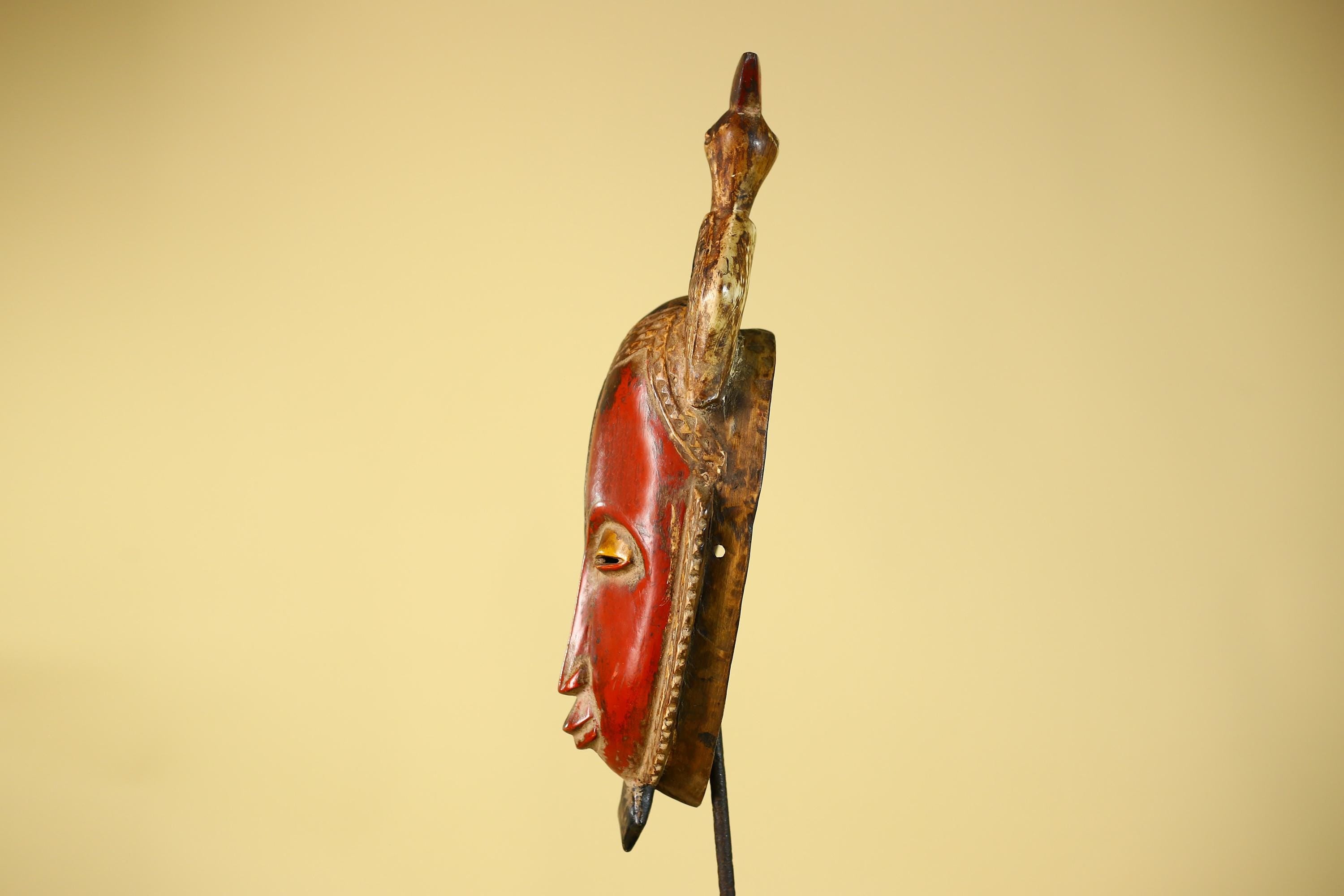 African Mask with Bird Crest, Hand Carved Wooden Tribal Wall Art-G6146