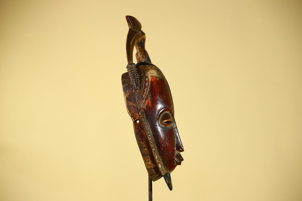 African Mask with Bird Crest, Hand Carved Wooden Tribal Wall Art-G6146