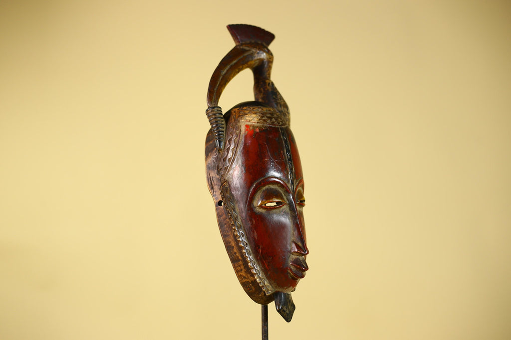 African Mask with Bird Crest, Hand Carved Wooden Tribal Wall Art-G6146