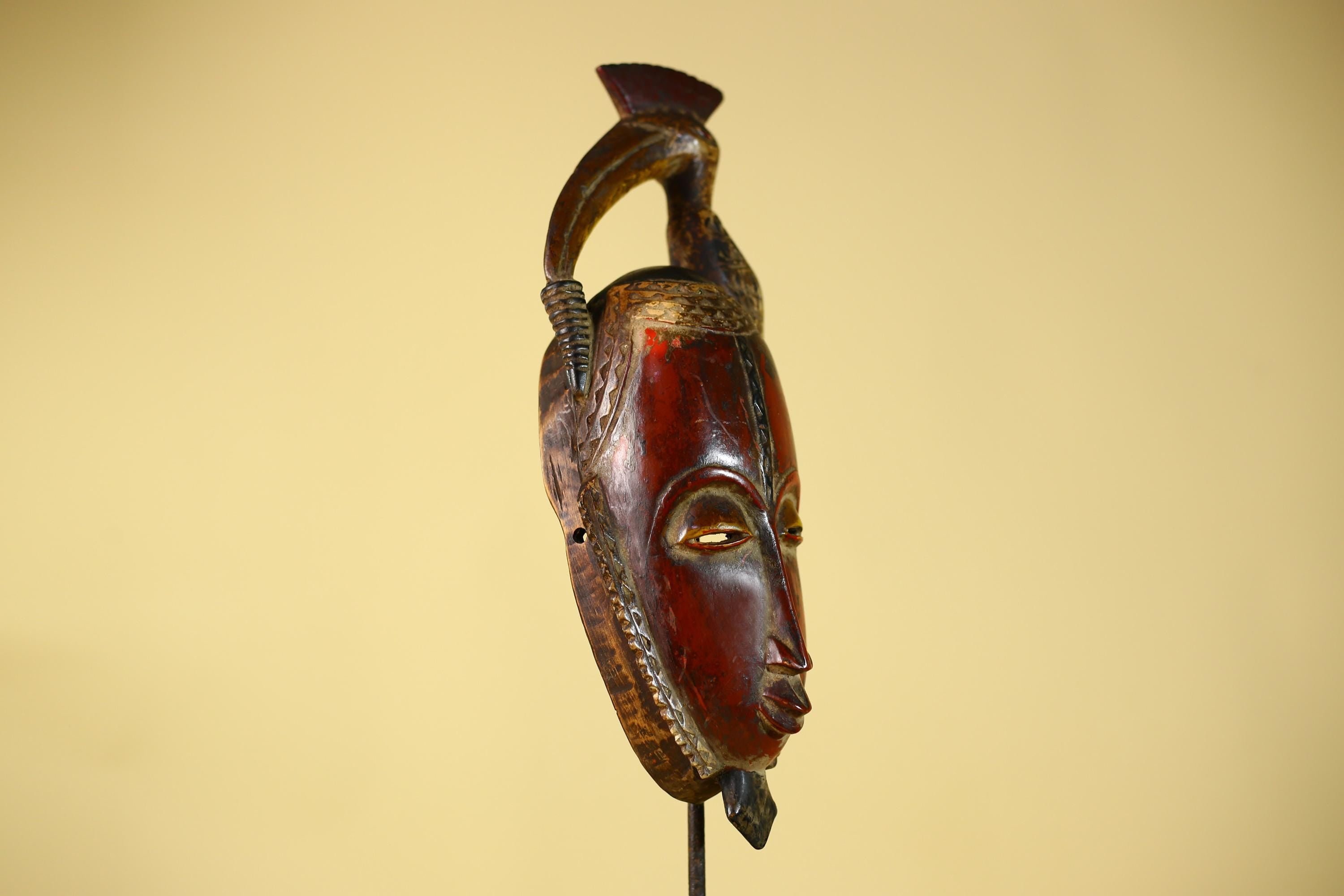 African Mask with Bird Crest, Hand Carved Wooden Tribal Wall Art-G6146