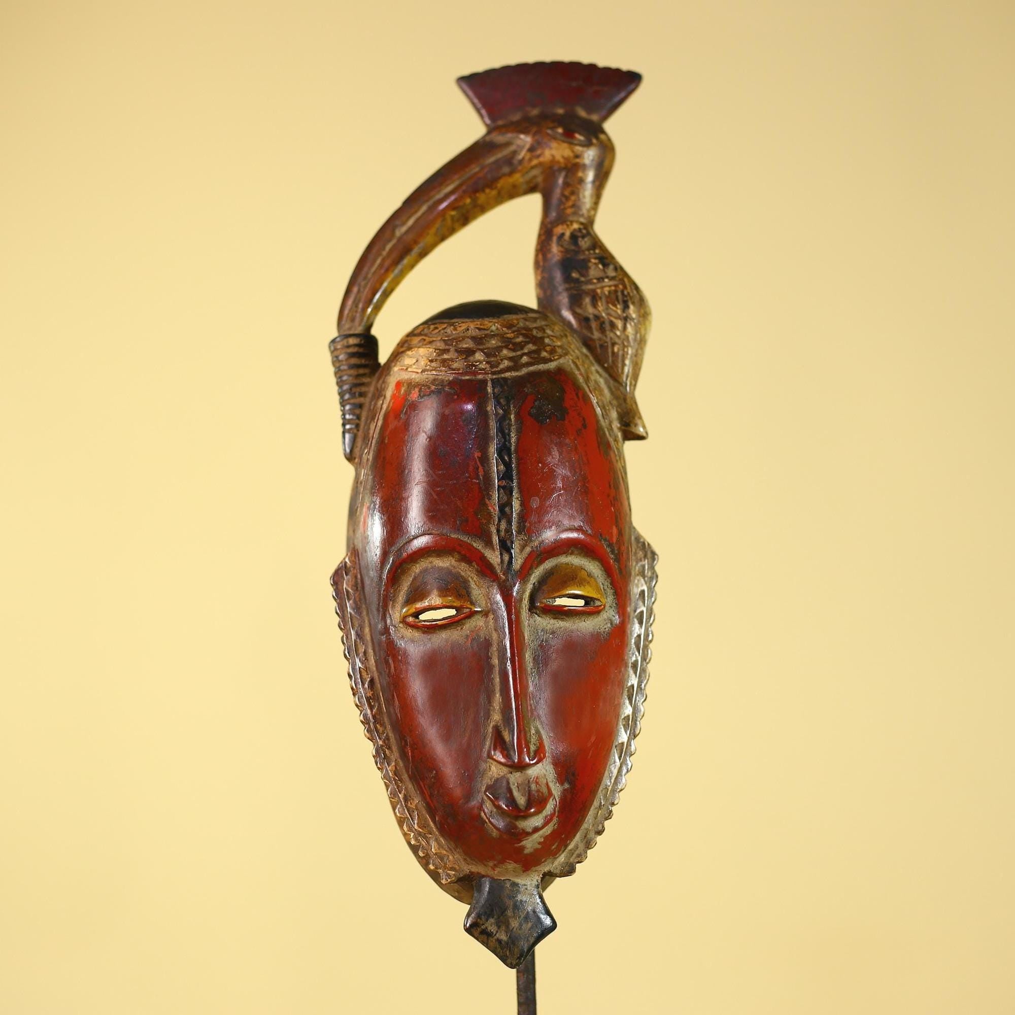 African Mask with Bird Crest, Hand Carved Wooden Tribal Wall Art-G6146