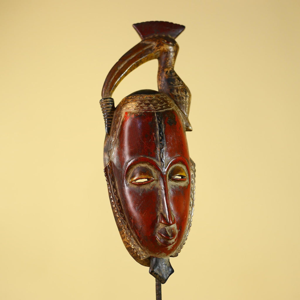 African Mask with Bird Crest, Hand Carved Wooden Tribal Wall Art-G6146
