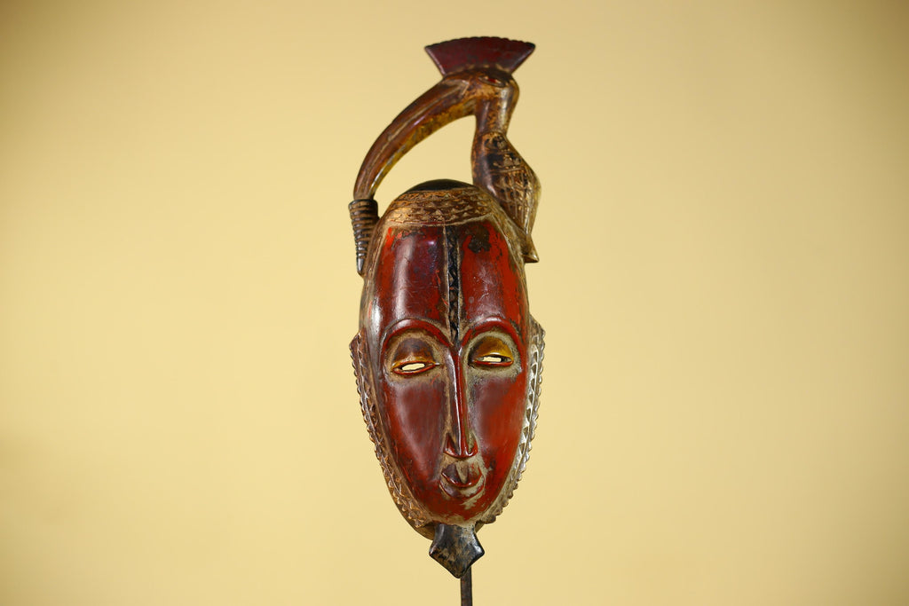 African Mask with Bird Crest, Hand Carved Wooden Tribal Wall Art-G6146