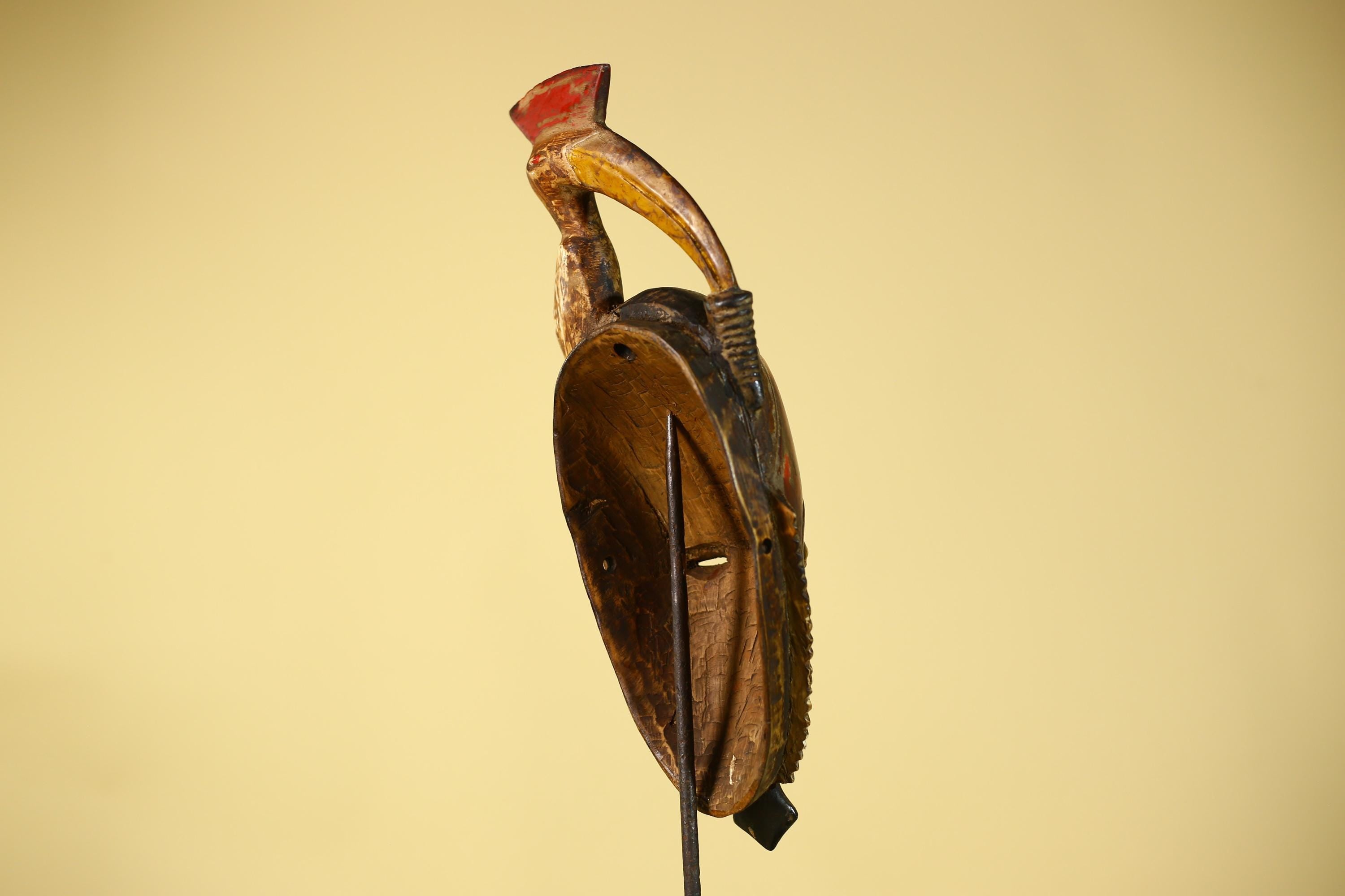 African Mask with Bird Crest, Hand Carved Wooden Tribal Wall Art-G6146