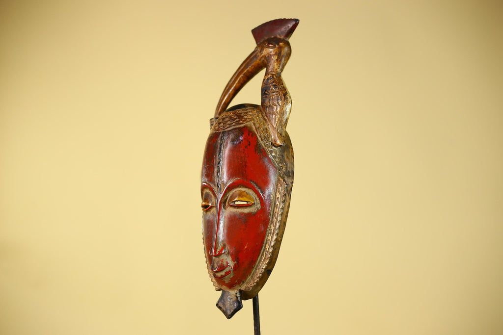 African Mask with Bird Crest, Hand Carved Wooden Tribal Wall Art-G6146