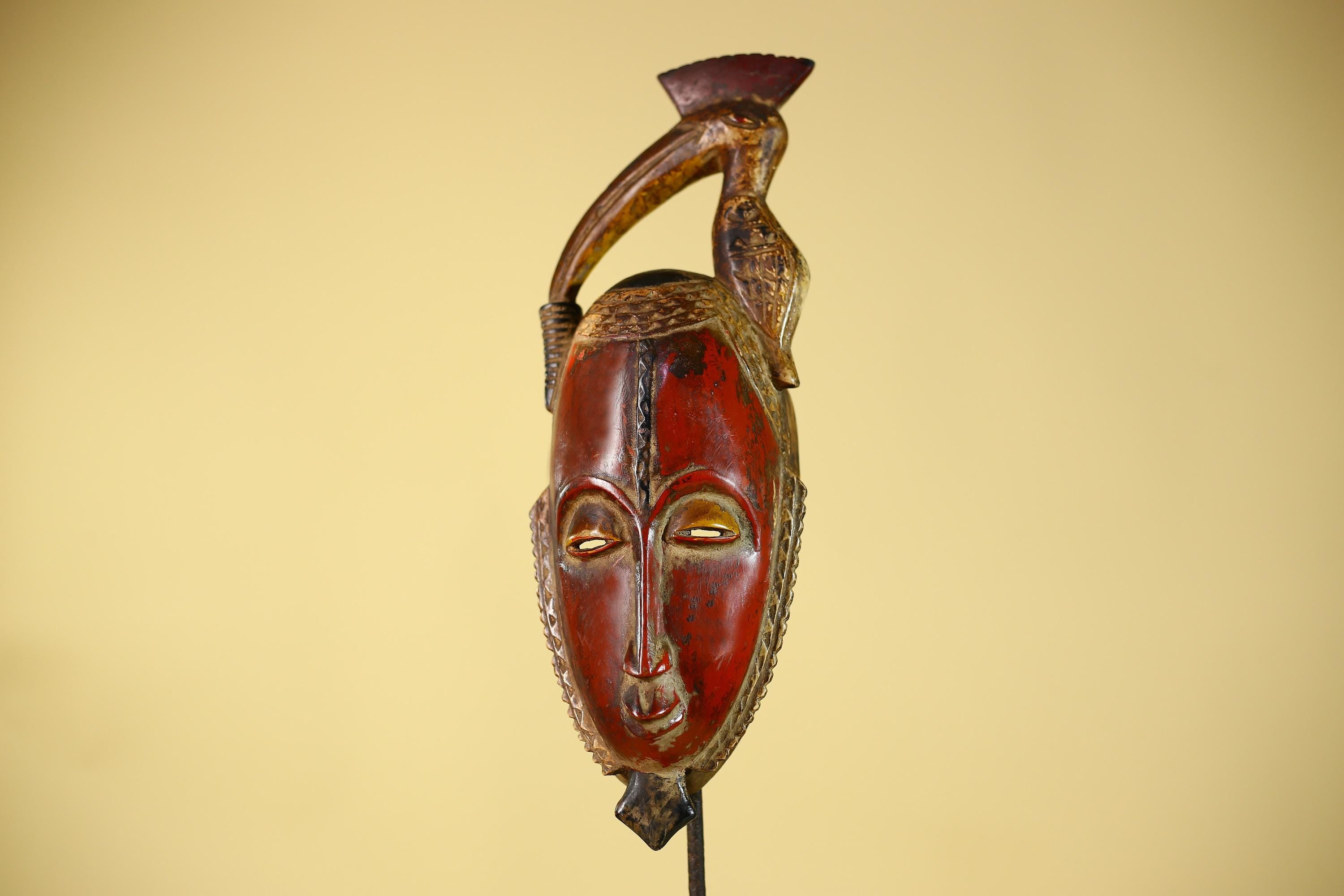 African Mask with Bird Crest, Hand Carved Wooden Tribal Wall Art-G6146