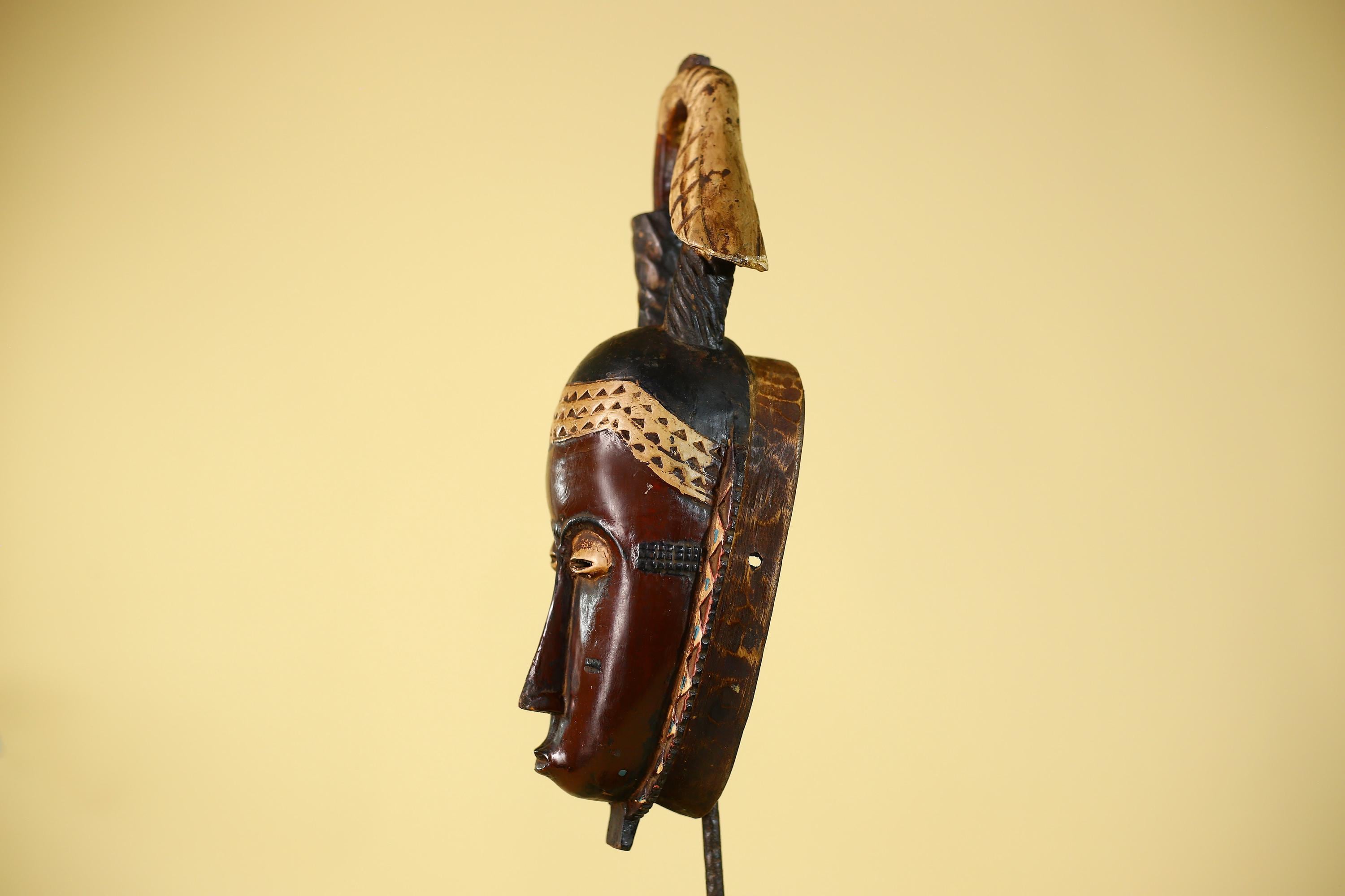 African Mask Baule Wood with Bird Crest Tribal Wall Art -Handmade Vintage Decor-G6147