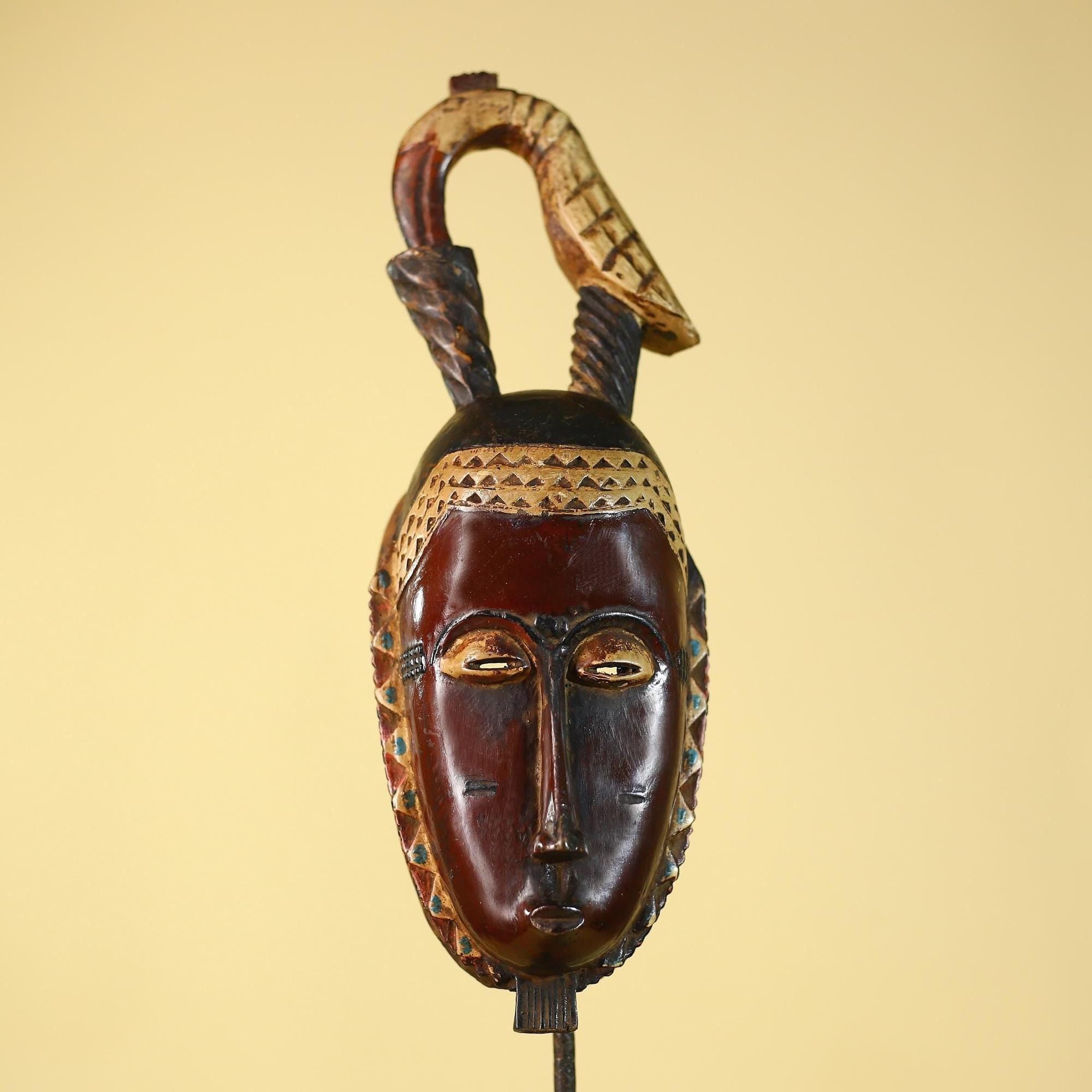 African Mask Baule Wood with Bird Crest Tribal Wall Art -Handmade Vintage Decor-G6147