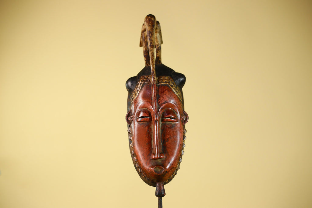 Vintage African Baule Mask With Bird Crest-Hand Carved Wooden Tribal Art-G6148