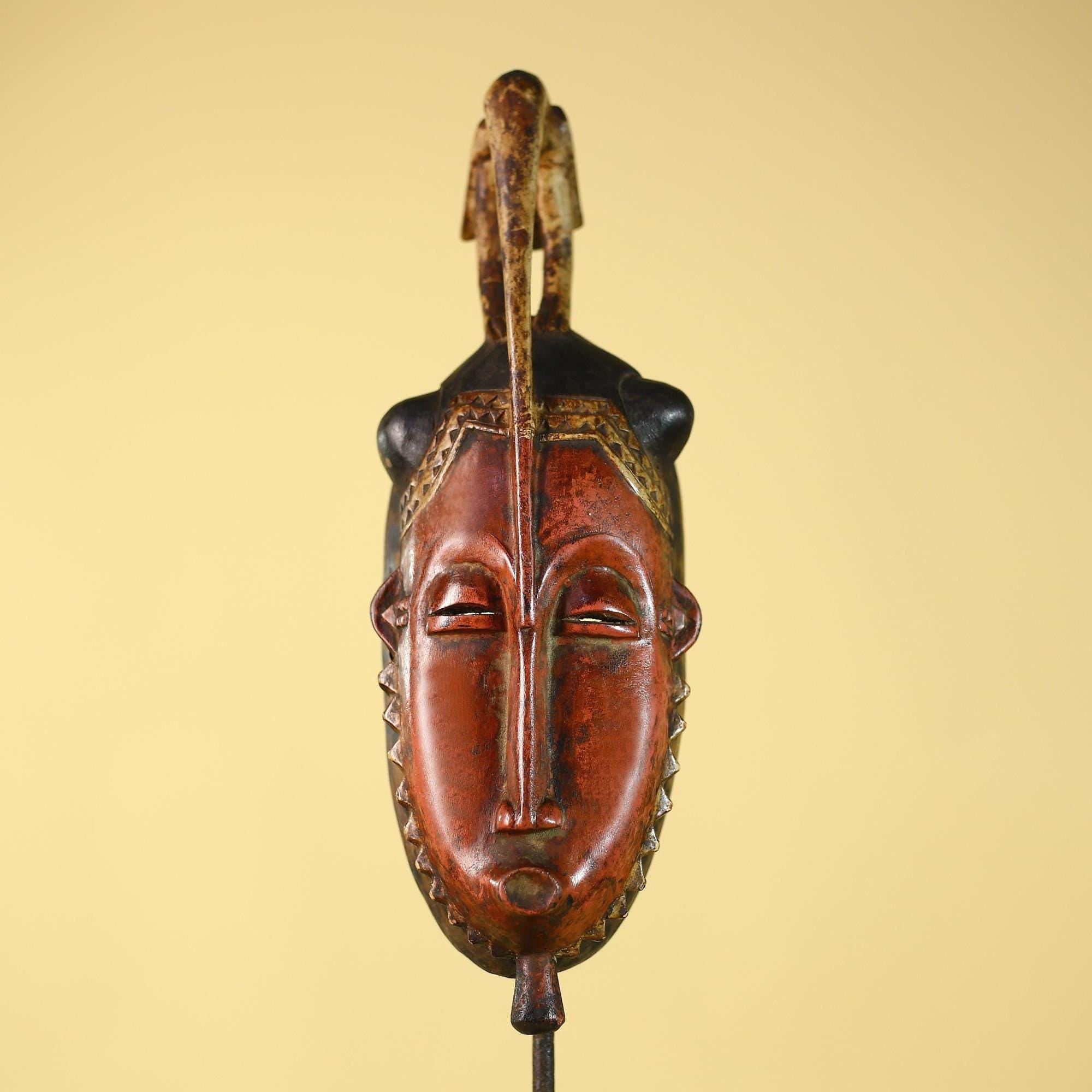 Vintage African Baule Mask With Bird Crest-Hand Carved Wooden Tribal Art-G6148