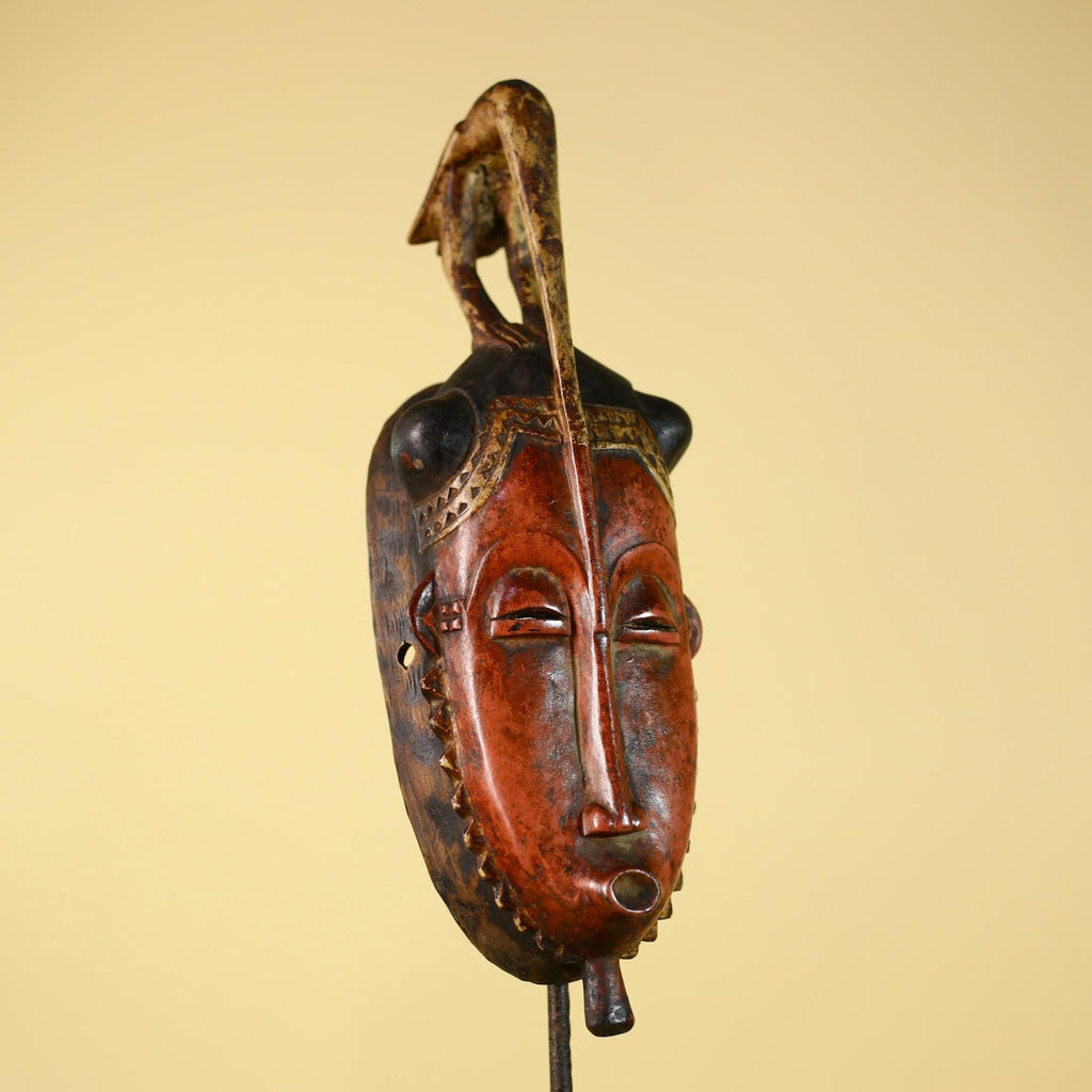Vintage African Baule Mask With Bird Crest-Hand Carved Wooden Tribal Art-G6148