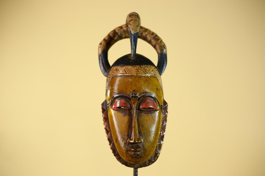 African Mask with Bird Crest - Hand Carved Wooden Tribal Wall Art-G6149