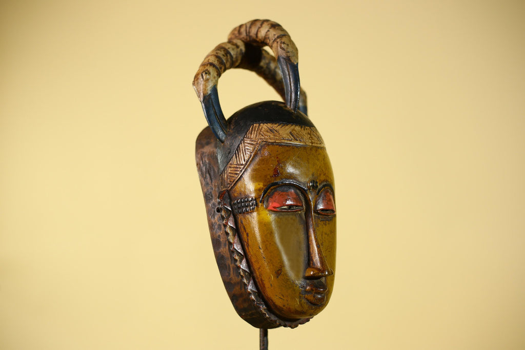 African Mask with Bird Crest - Hand Carved Wooden Tribal Wall Art-G6149