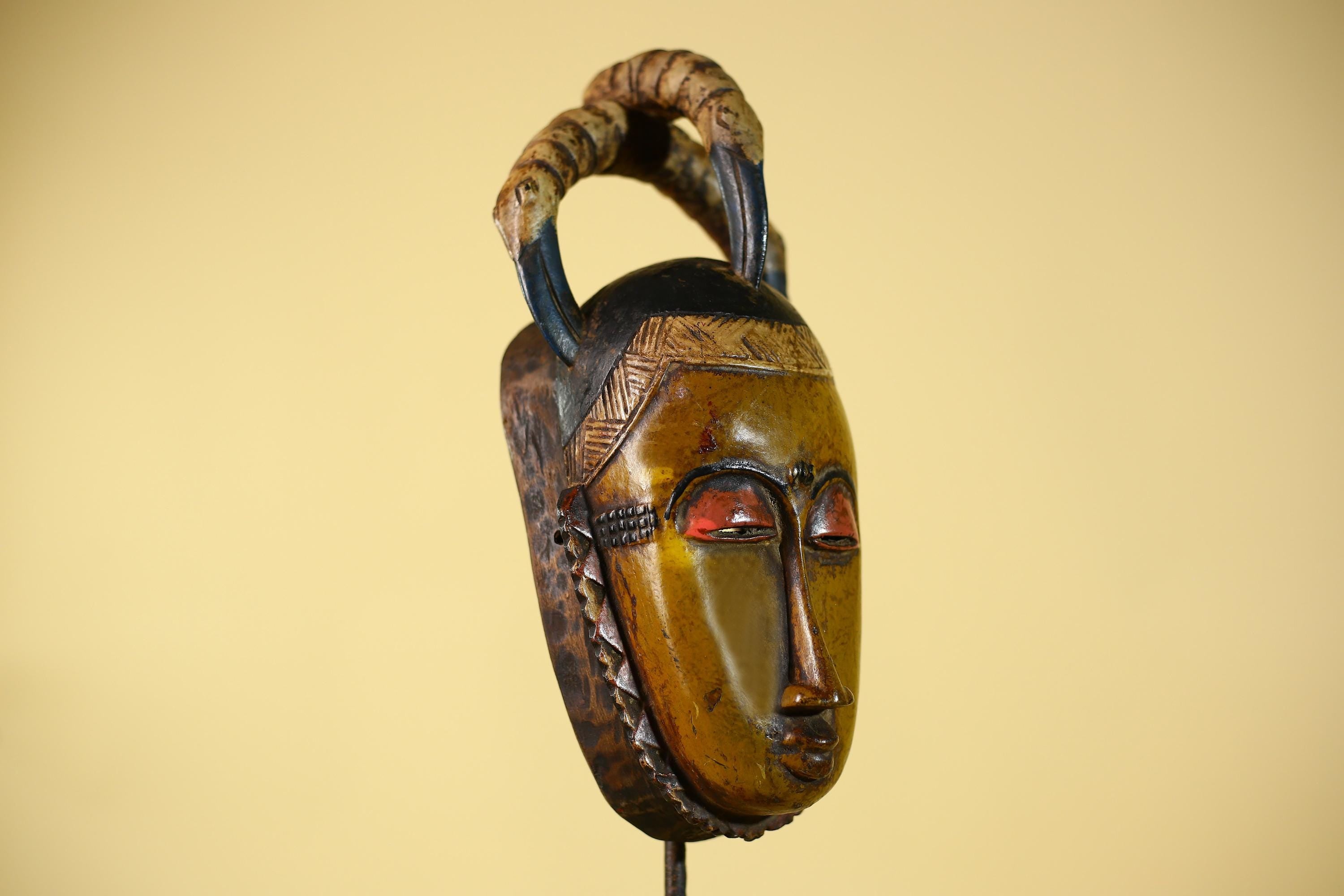 African Mask with Bird Crest - Hand Carved Wooden Tribal Wall Art-G6149