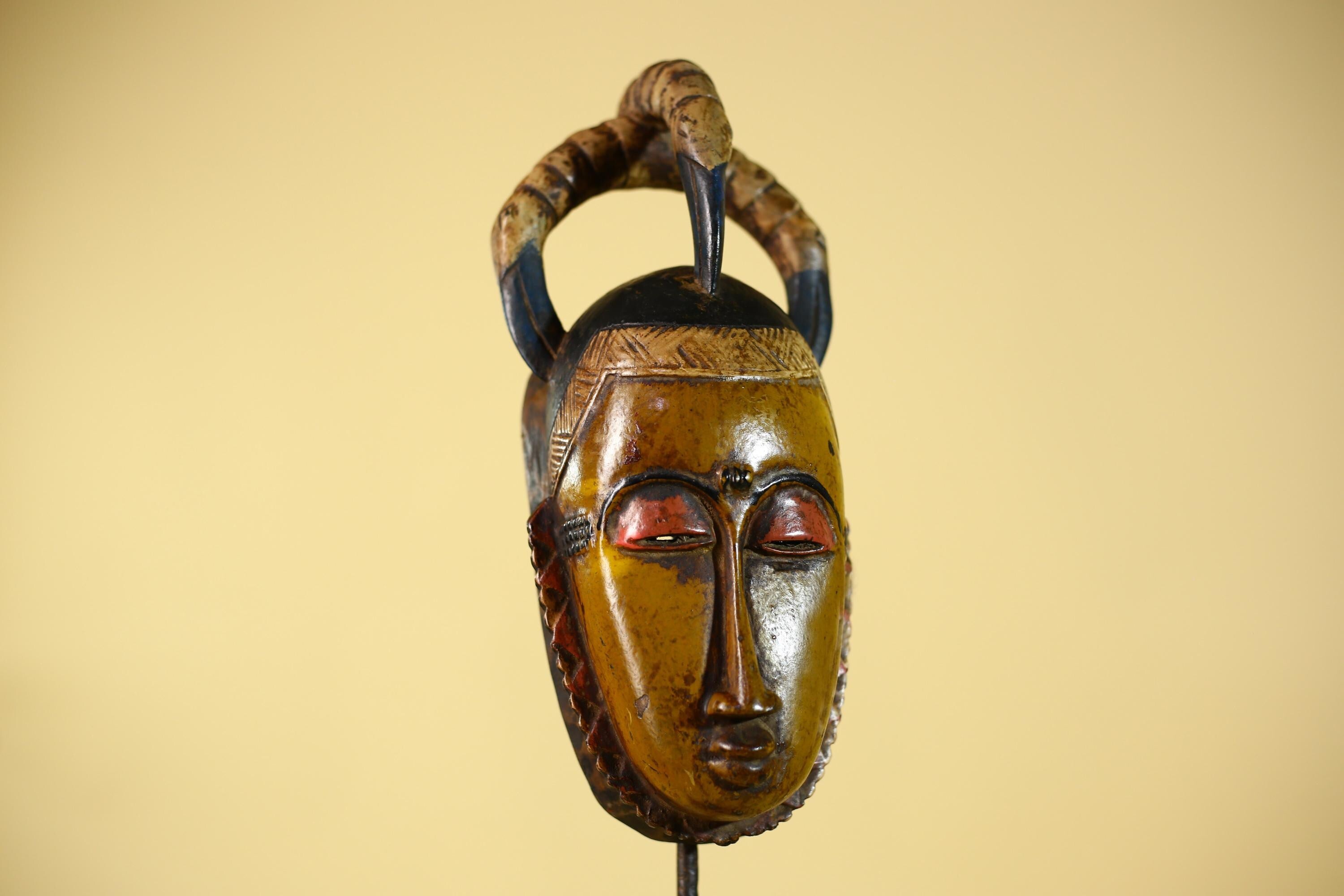 African Mask with Bird Crest - Hand Carved Wooden Tribal Wall Art-G6149