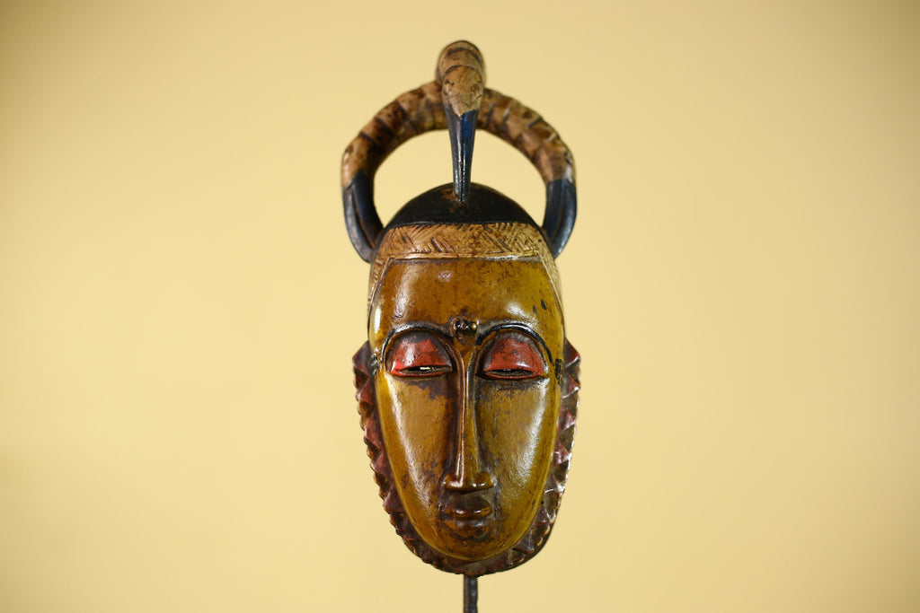 African Mask with Bird Crest - Hand Carved Wooden Tribal Wall Art-G6149