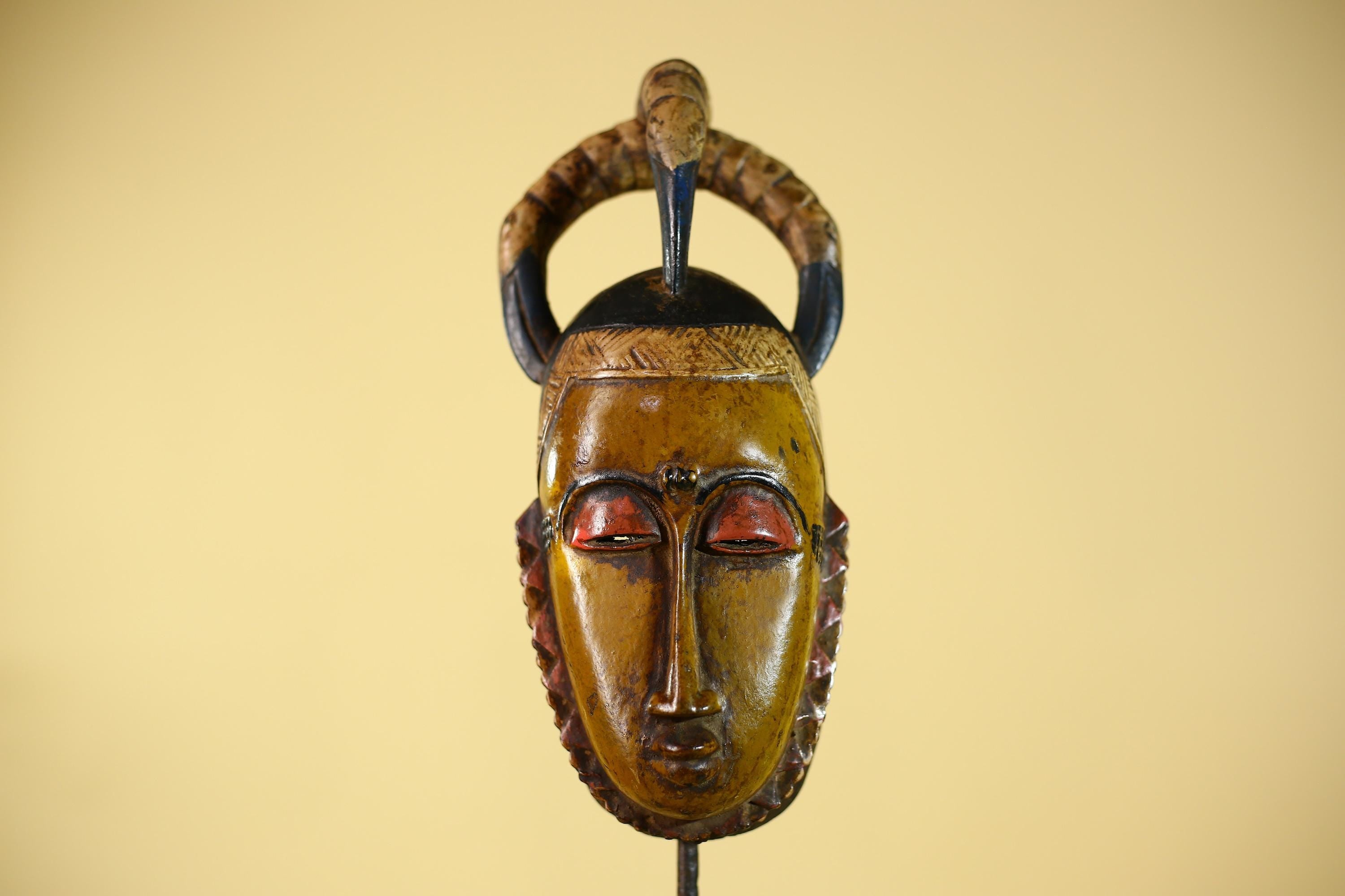 African Mask with Bird Crest - Hand Carved Wooden Tribal Wall Art-G6149